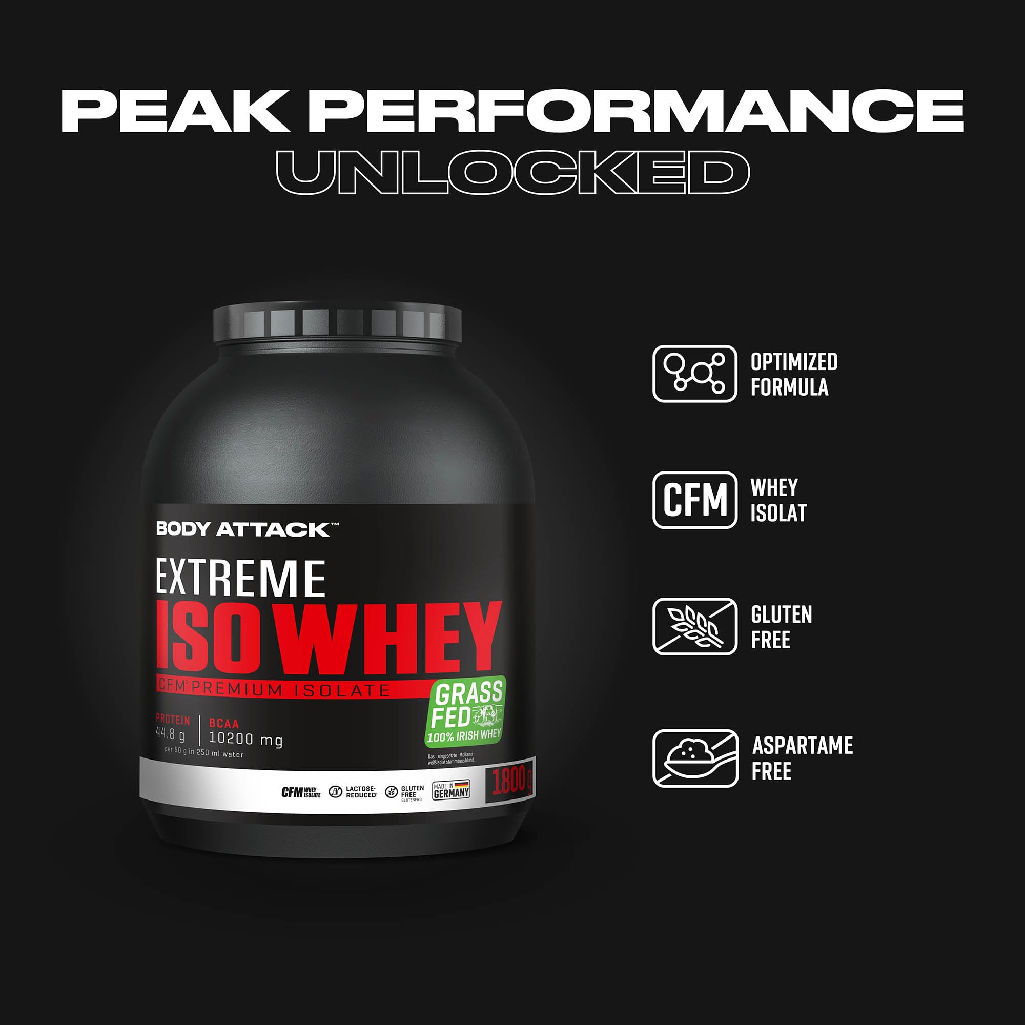 Body Attack Extreme Iso Whey, Vanille, 1,8 kg, CFM Whey Protein Isolat aus 100% irischer Weidemilch, glutenfrei, reich an EAAs, perfekt löslich, fettarm, ohne Aspartam, 90,6% Isolat-Anteil