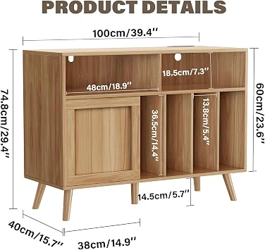 Gyfimoie Large Record Player Stand with Sliding Doors, 500+ Vinyl Record Storage Cabinet with Charging Station, Vinyl Holder with Display Area, Wood Turntable Table for Living Room & Music, Wood