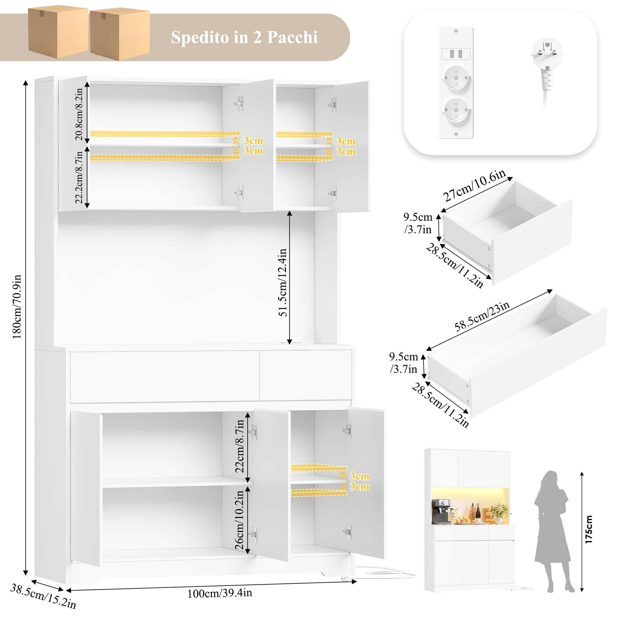 FirFurd Alacena Cocina Grande, Muebles de Cocina, Armario Cocinas Almacenaje, Mueble Almacenaje con Iluminacion LED, Regleta, Encimera para Microondas, 2 Cajones, 6 Puertas, Blanco 100x38.5x180cm