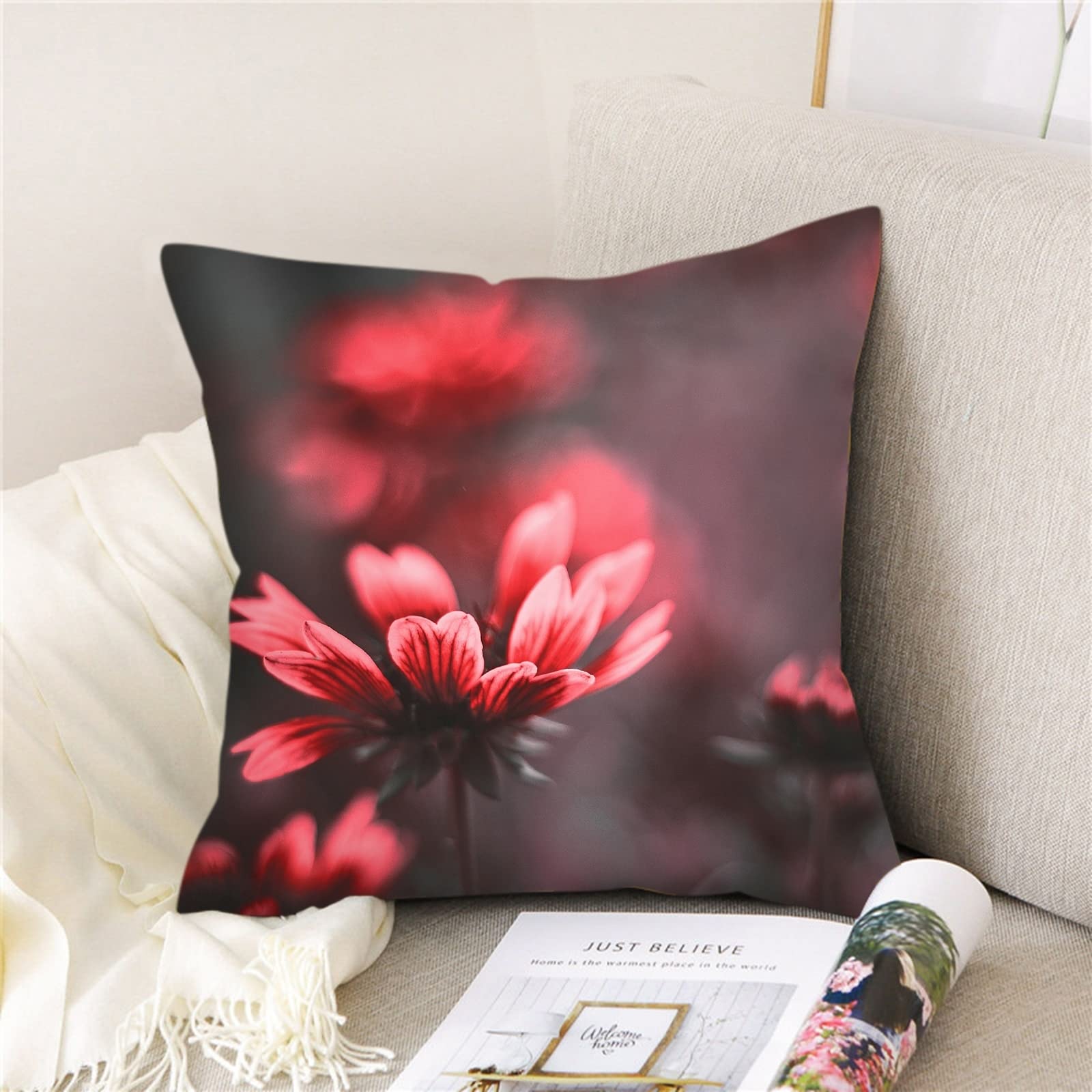 AmDxD Zestaw 4 dekoracyjnych poszewek na poduszkę, 50 x 50 cm, poszewki na poduszkę, miękkie, kwadratowe, z kwiatowym wzorem, do salonu, na sofę (zestaw 4 sztuk, kolor różowy)