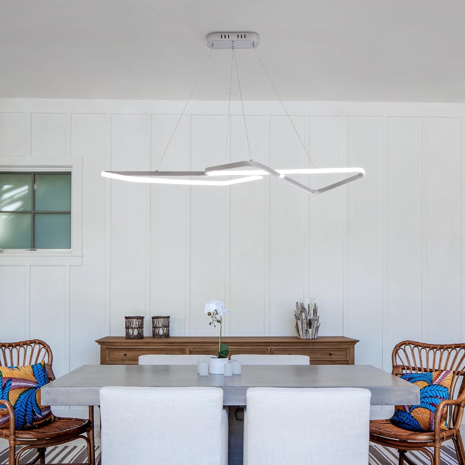 47.24 in Dimmable Modern LED Chandeliers for Dining Room - Adjustable Height Pendant Light Fixture Over Table, Contemporary Silver Chandelier Light Fixture (Chrome 47.24")