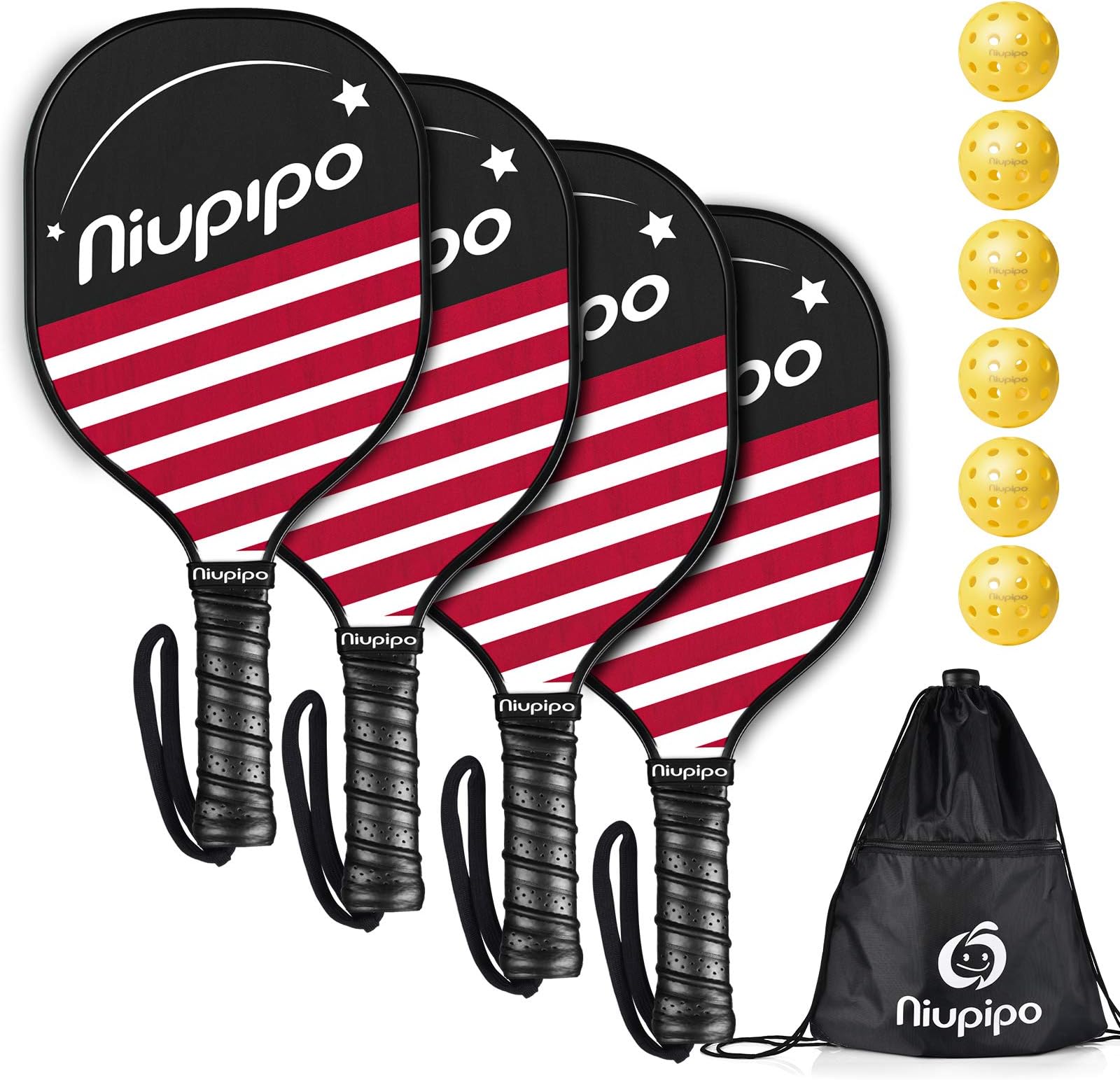niupipoPickleball Paddles, Pickleball Set with Balls and 1 Carry Bag, 7-ply Basswood Wood Pickleball Paddles, Pickleball Rackets with Ergonomic Cushion Grip, Wooden Pickleball Paddle for Beginner