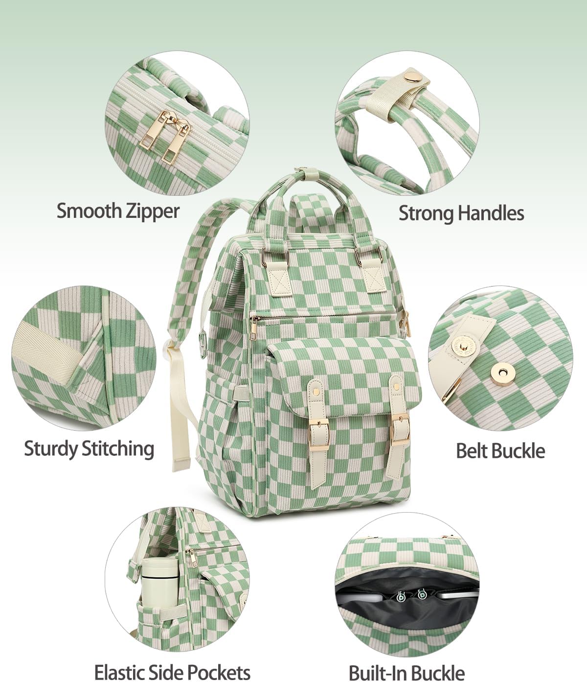 Laptop Backpacks for Women, Corduroy High School College Bookbag 15.6 Inch Laptop Bags for Girls Travel Daypack - Checkered Green