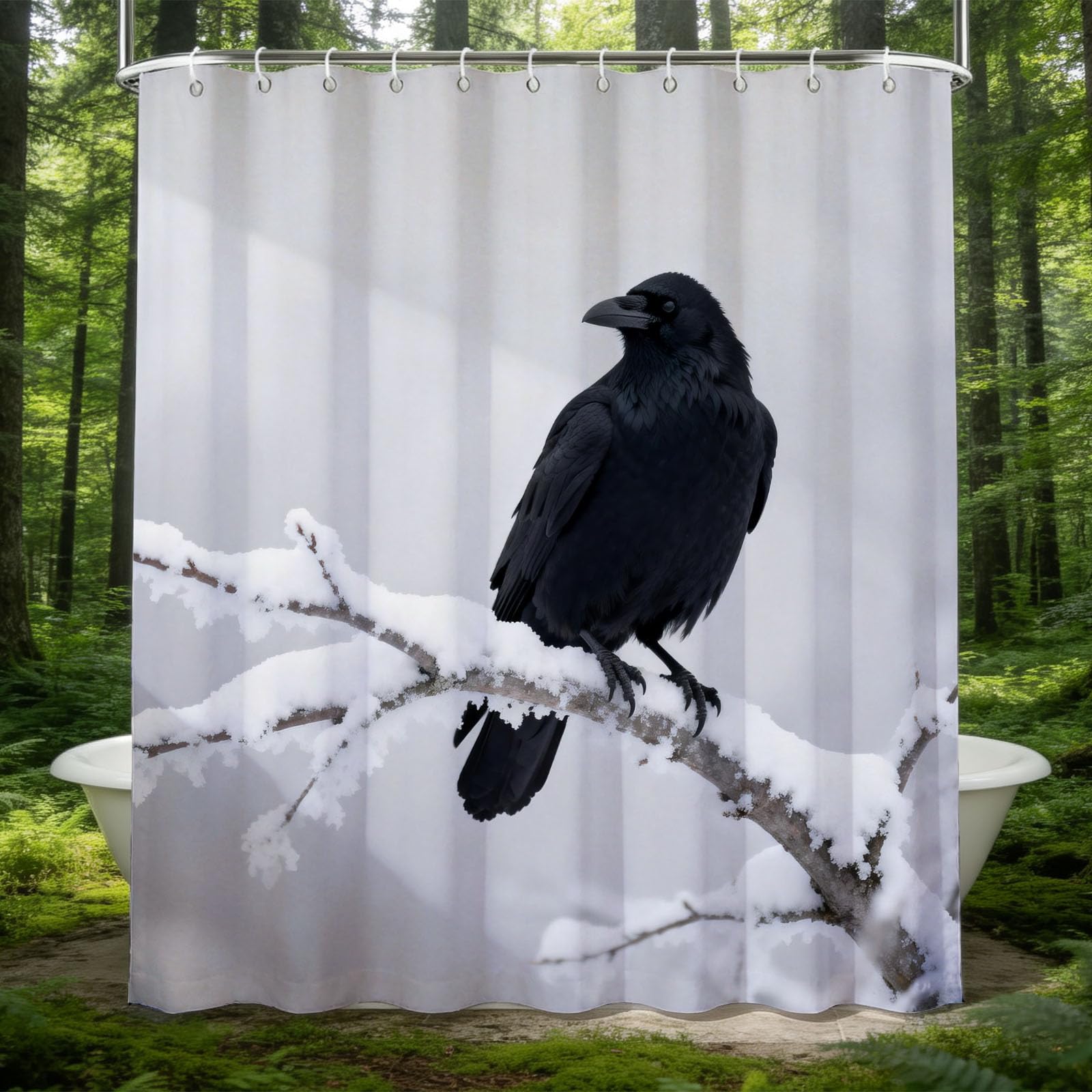 Hongduo 3D Crow Shower Curtain for Stalls Bathtubs Snow Ground Bathroom Decor Shower Curtain Set Polyester Fabric Waterproof 180x180cm/71X71 Inch with Hooks