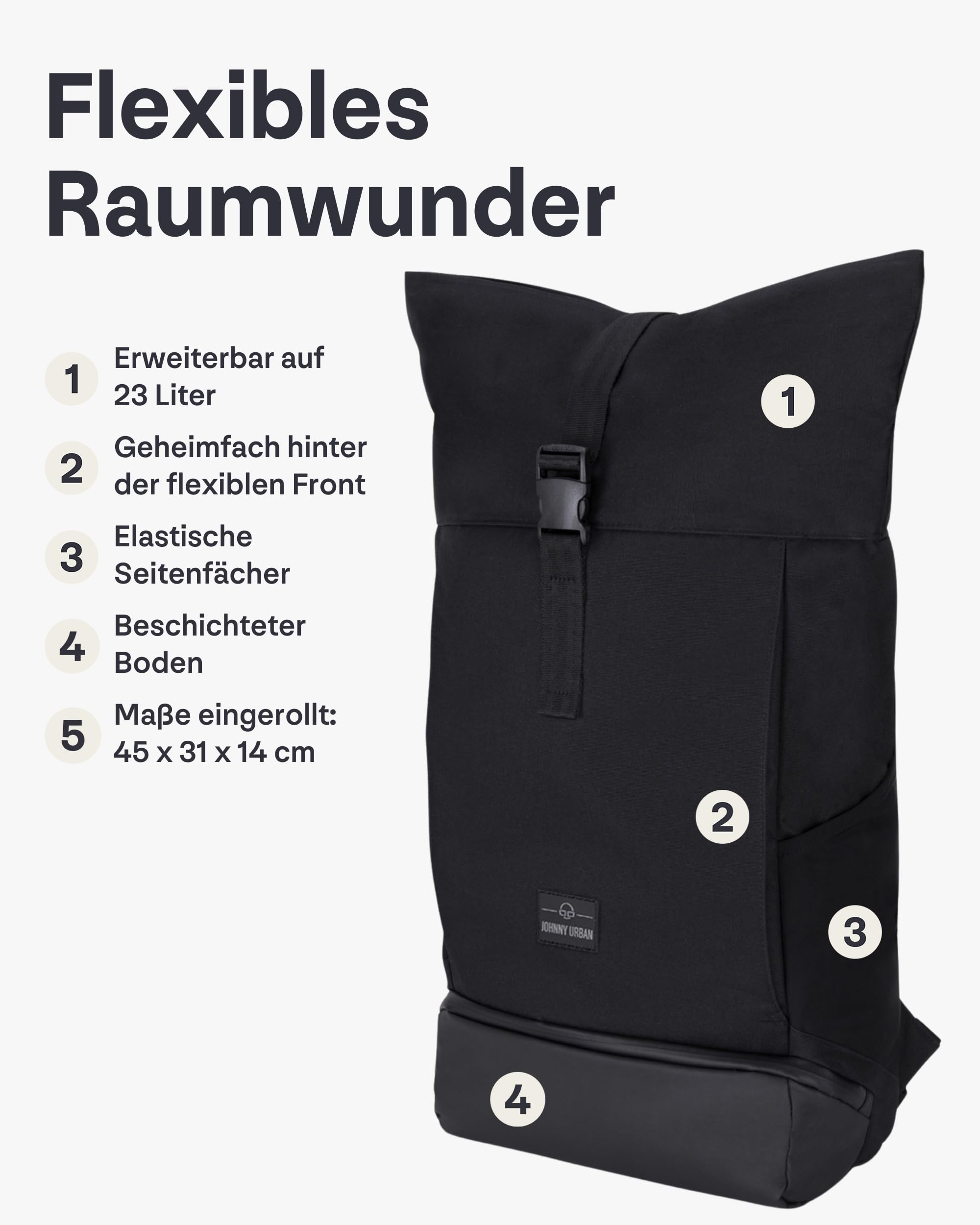 Johnny Urban Rucksack Herren & Damen Schwarz - Allen Large - Rolltop Backpack Groß für Fahrrad, Arbeit, Uni - Laptop Tagesrucksack mit Schuhfach - Wasserabweisend