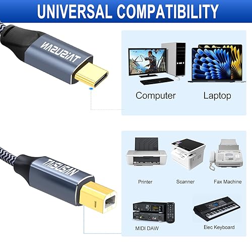 Miniatura 10 de Cable de impresora USB C de 40 pies, cable MIDI de alta velocidad compatible con teclado, MacBook ProAir, impresoras y escáneres