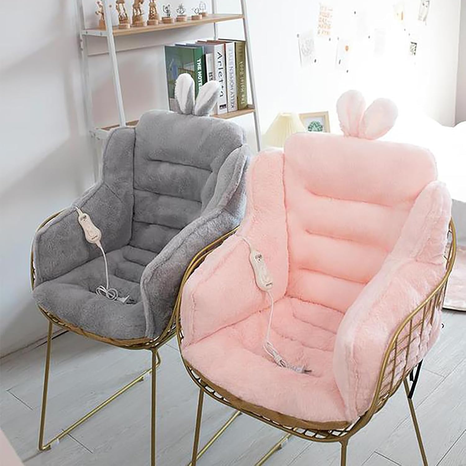Cuscino riscaldato per sedia, con orecchie da coniglio, design con orecchie da coniglio, in velluto, con lacci, supporto per vita e schienale, perfetto per sedie da ufficio