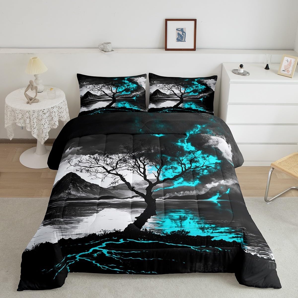 Feelyou Tree of Life Comforter Set Queen Size,Grey Dark Blue Tree Bedding Set for Men Women,Nature Landscape Quilt Lightweight,Mountain Lake Plant Duvet Insert with 1 Pillow Shams Bedroom Decor