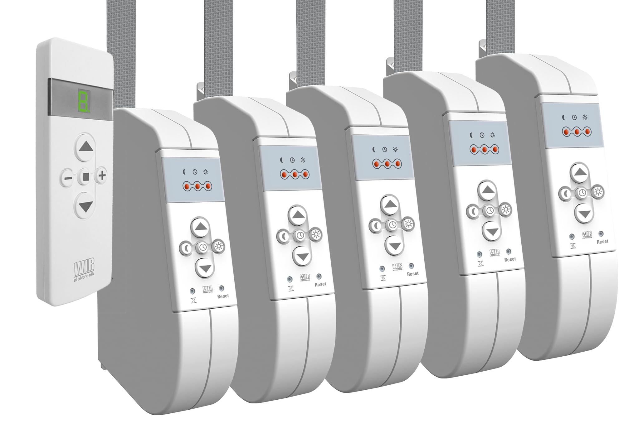 WIR elektronik, eWickler 5 Fenster Funk-Set, eW930-F-M, 5x elektrischer Gurtwickler + 1x Fernbedienung FB-9, für 12-15 mm Gurtband, Aufputz, bis 45 kg, inkl. Netzstecker (5 Fenster)