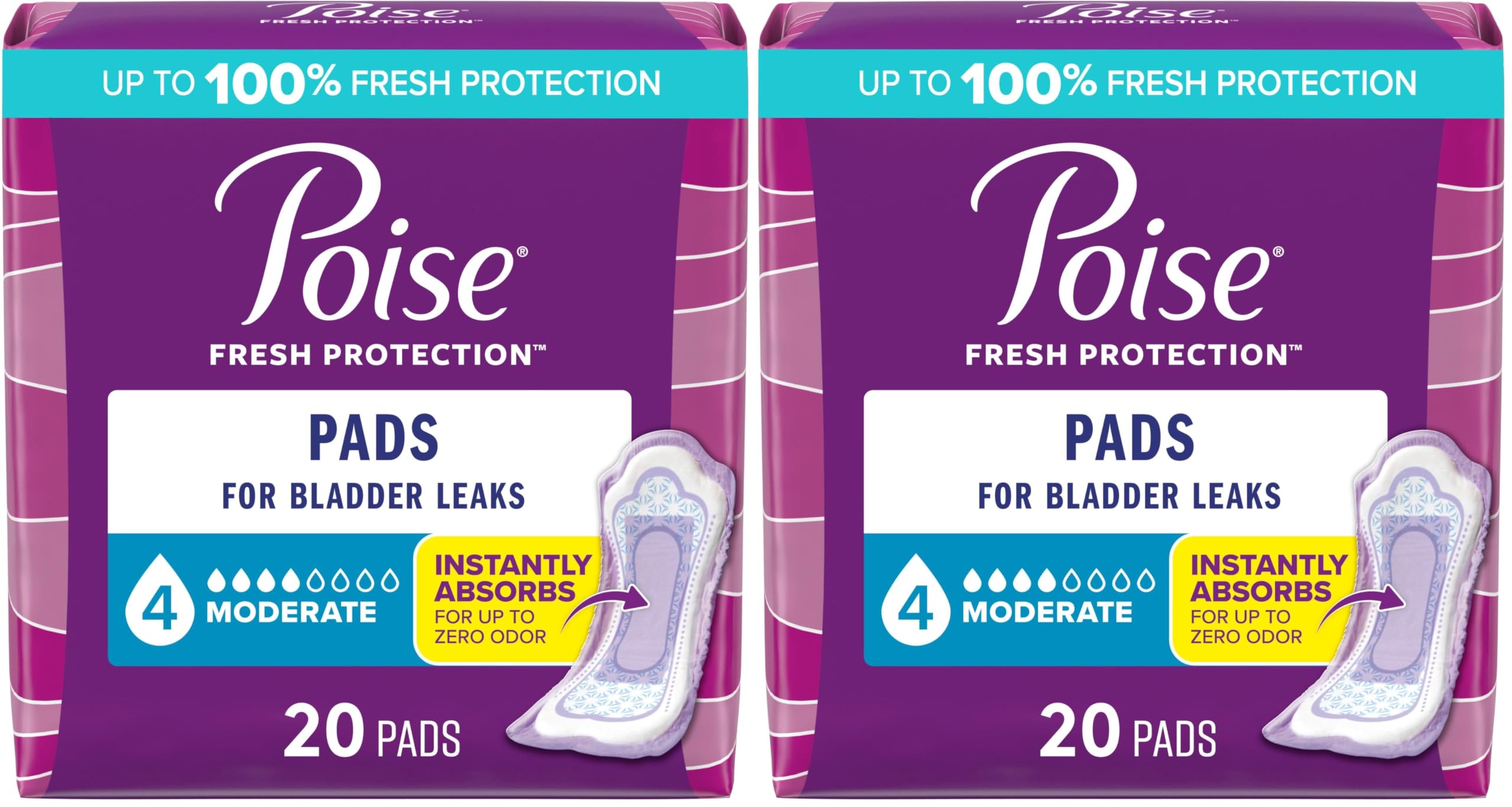 Poise Incontinence &amp; Postpartum Pads for Bladder Leaks, 4 Drop Moderate Absorbency, Regular Length, Packaging May Vary, 20 Count (Pack of 2)