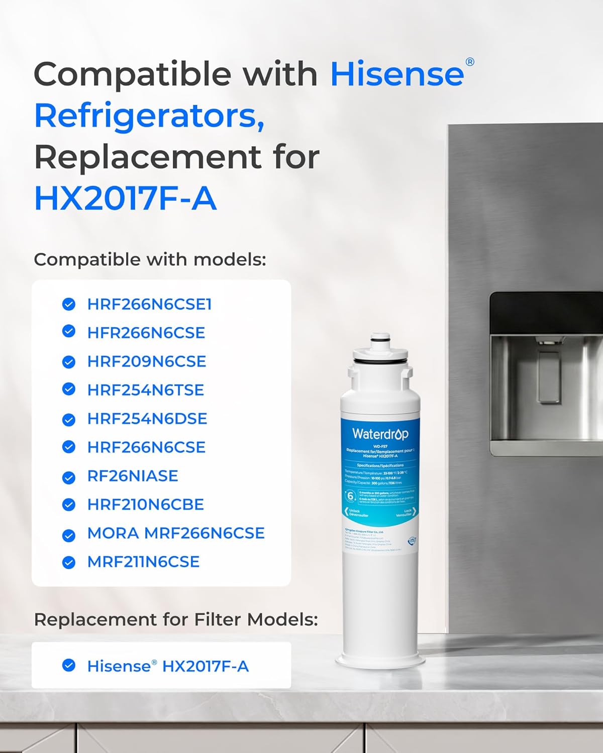 Waterdrop HX2017FR-A Refrigerator Water Filter, Replacement for Hisense® HX2017F-A, HRF266N6CSE1, HRF266N6CSE, HRF209N6CSE, HRF254N6TSE, HRF254N6DSE Twist-In Refrigerator Water Filter, 2 Pack