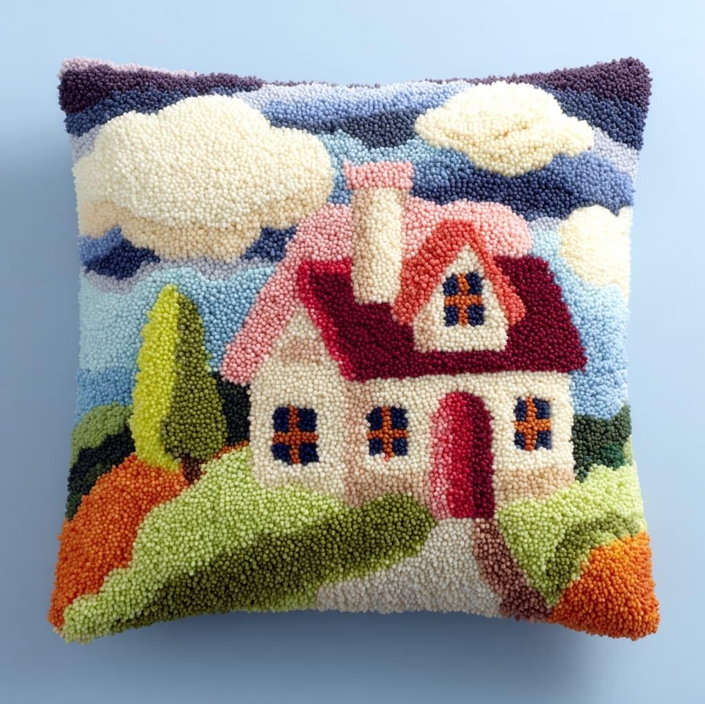 WallustrioaW Latch Hook Cushion Kits 17x17in,Cartoon House in the Forest