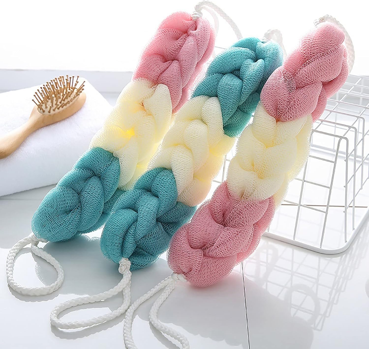 MESSIYO Long Bath Loofahs Stretchable Braided Mesh Exfoliating Loofah Back Scrubber Ball Body Bath Shower Sponge Electric Towel Warmer (B, One Size) : Beauty & Personal Care