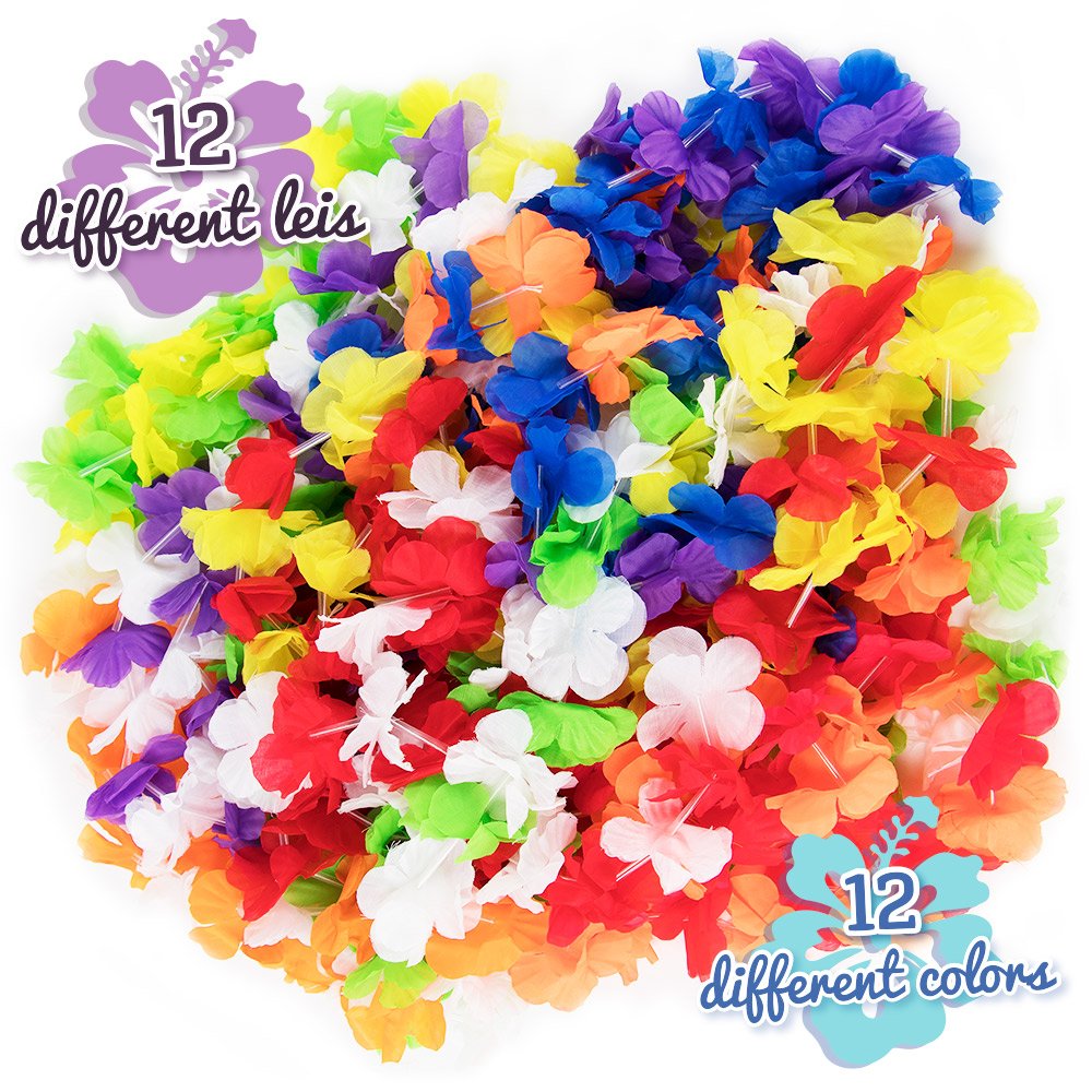 12-Pack Assortment of Colorful Hawaiian Lei Flower Necklaces by Pudgy Pedro's Party Supplies