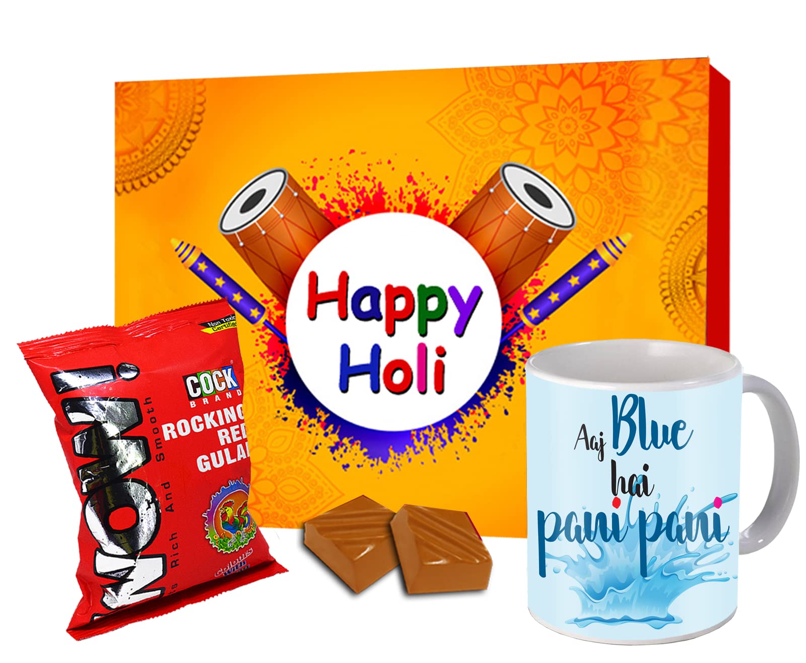 MidironHoli Gift Combo| Chocolate Gift Box| Holi Festive Gift for Friends (Handmade Delicious & Tasty Chocolate Box with Happy Holi Printed Ceramic Coffee Mug and Holi WOW Gulal Powder)