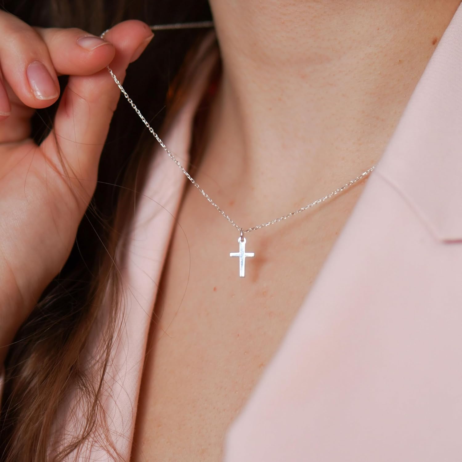 Gold Cross Necklaces for Women | 1 cm 925 Sterling Silver Cross Pendant on Cross Chain | Hypoallergenic | Dainty and Minimalist | Rhinestones (No rhinestone)