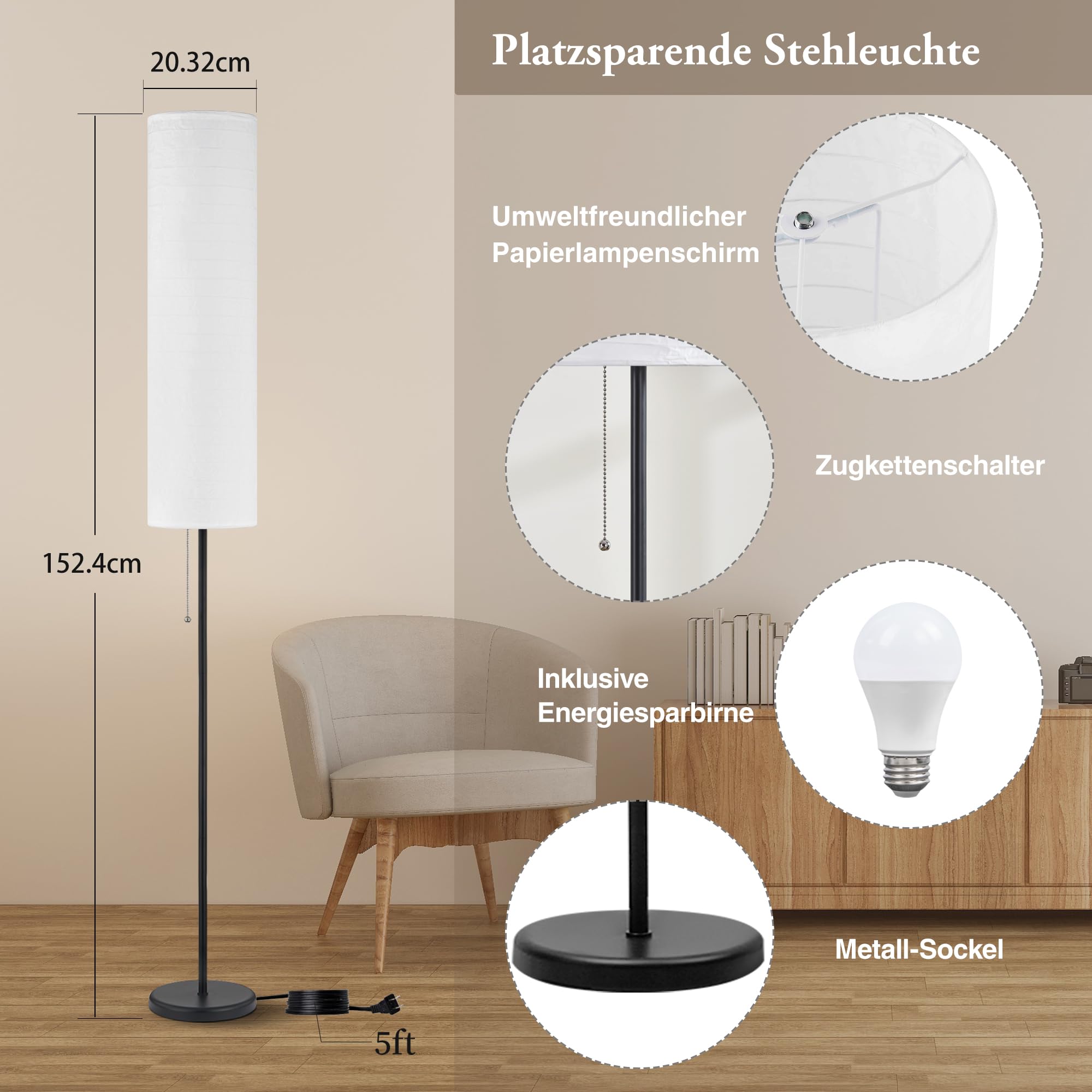 GyroVu Stehlampe Papier für das Wohnzimmer, 65” stehende Lampe, hohe Lampe für das Schlafzimmer mit Papierlampenschirm, 3 Farbtemperaturen Stehlampe für das Wohnzimmer (Glühbirne Enthalten)