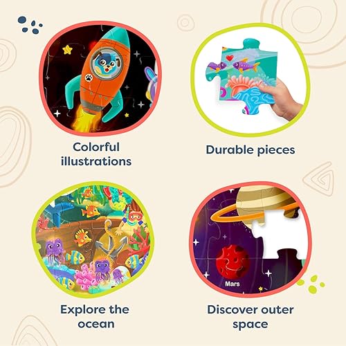 Miniatura 6 de B. toys - Rompecabezas gigantesco paquete de 2 - Sistema marino y solar - Rompecabezas de piso de 48 piezas, rompecabezas grandes de 2 x 3 pies para