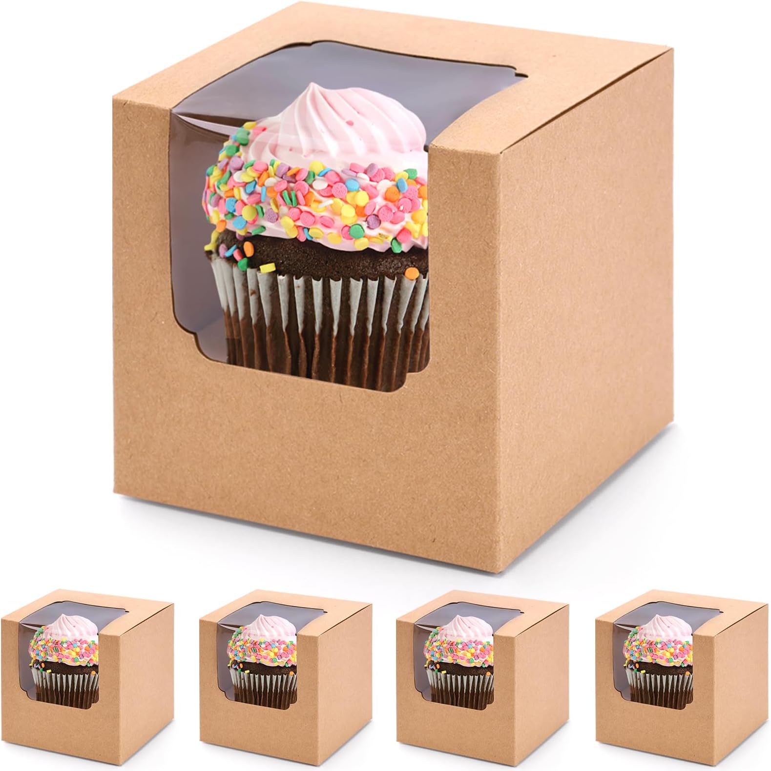 20 Set Cupcake Boxes, 3.5"x3.5"x3.5" Individual Cupcake Containers Cupcake Carrier Boxes Pre-Assembled Containers with Window and Inserts for Wedding Baby Shower Birthday