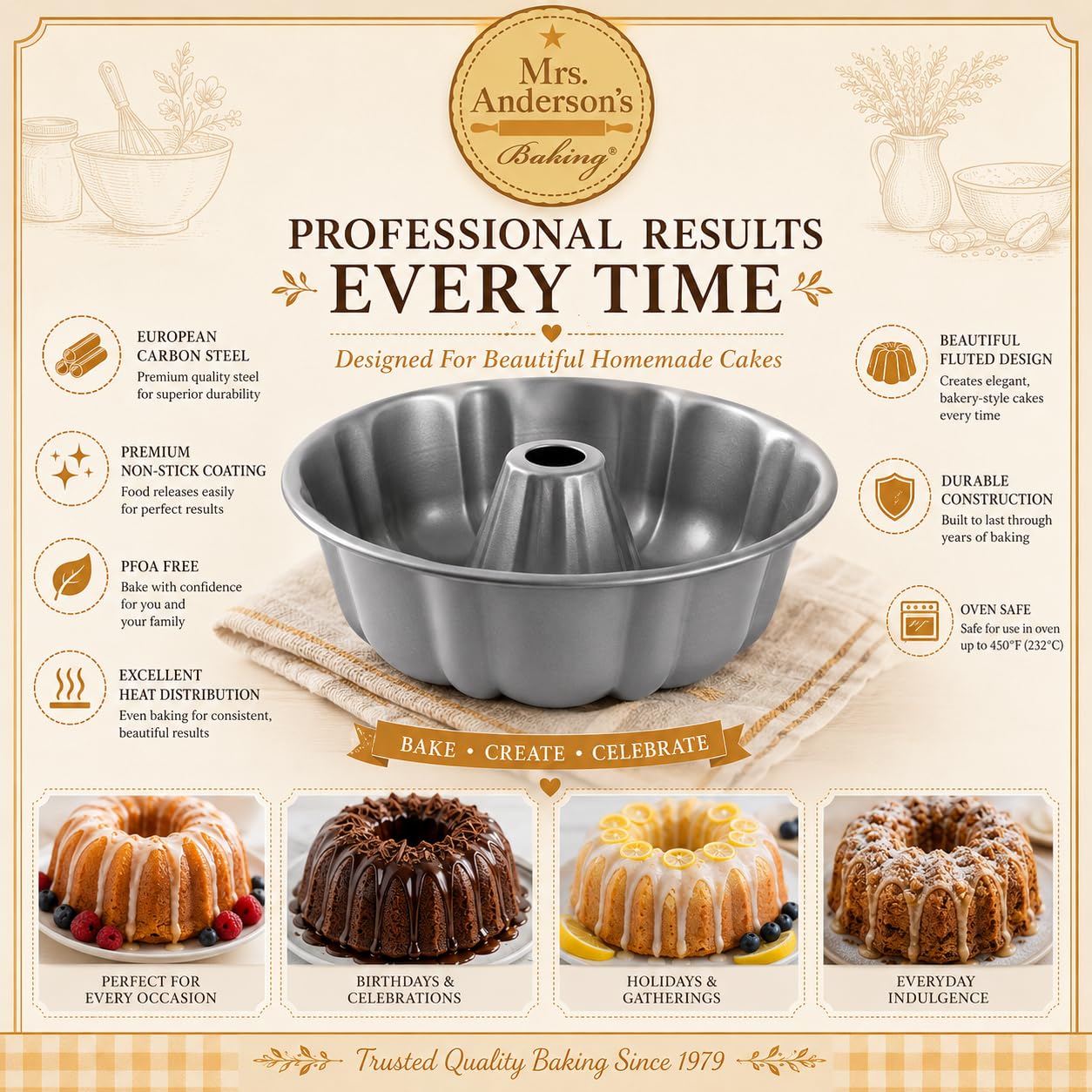 Mrs. Anderson's Baking Molde estriado para tartas de acero al carbono con revestimiento antiadherente de liberación rápida, libre de PFOA, 10.25 x 3.25 pulgadas