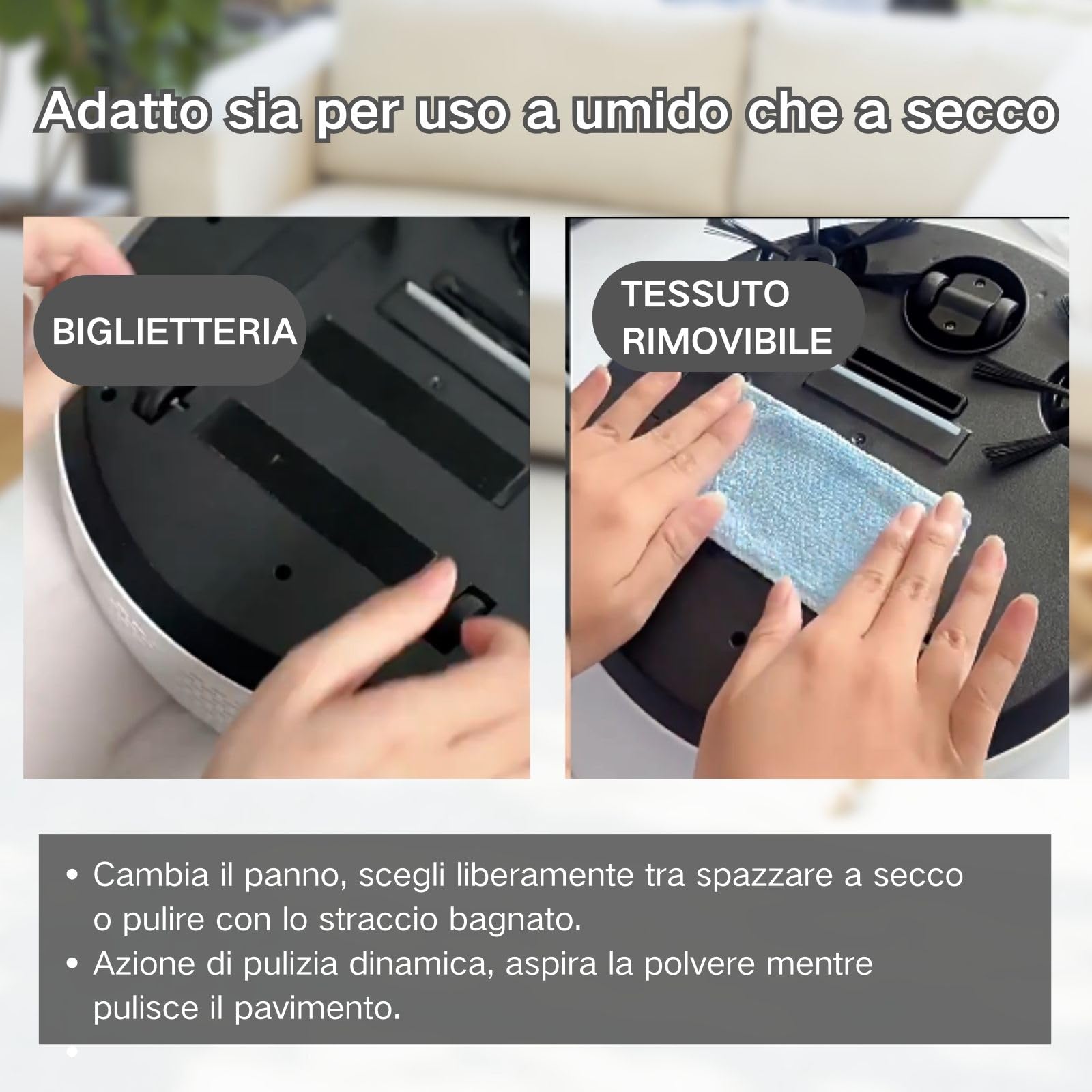 Robot Pulitore per Pavimenti, Robot Pulitore e Aspirapolvere, Aspira e Lava, Rilevamento Ostacoli, Adatto per Tappeti e Pavimenti in Legno, Auto Boost sui Tappeti, Bianco