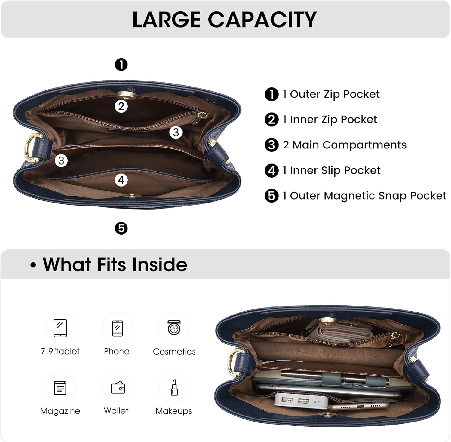 Kattee Leather Handbags for Women 2026, Soft Shoulder Tote Crossbody Purses Bucket Bags with 2 Detachable Straps