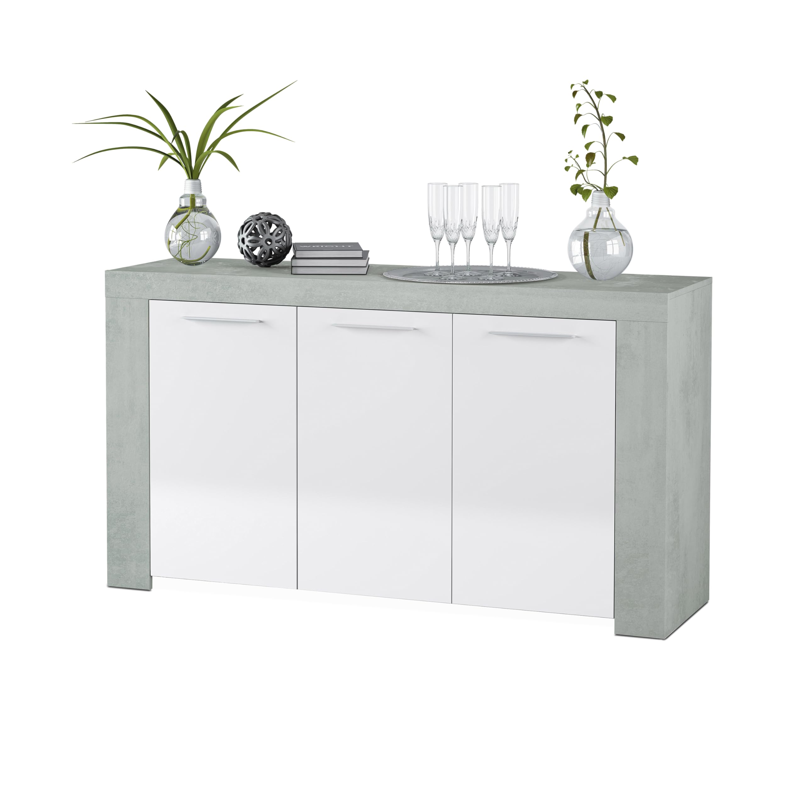 duehome | Aparador, Buffet Moderno, Armario Auxiliar Comedor, Modelo Dara, Color Blanco Artik y Gris Cemento, Medidas: 144 cm (Largo) x 42 cm (Fondo) x 80 cm (Alto)