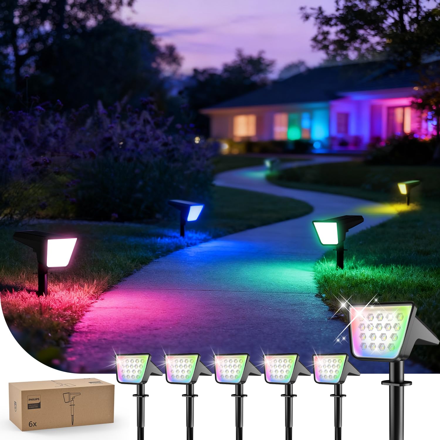 Philips 6 Stück Solarstrahler für Außen Garten, 18 LEDs RGBW Wasserdicht Gartenleuchten, 9 Beleuchtungsmodi Farbwechsende Wegeleuchten, Dusk to Dawn für Garten Halloween Weihnachten