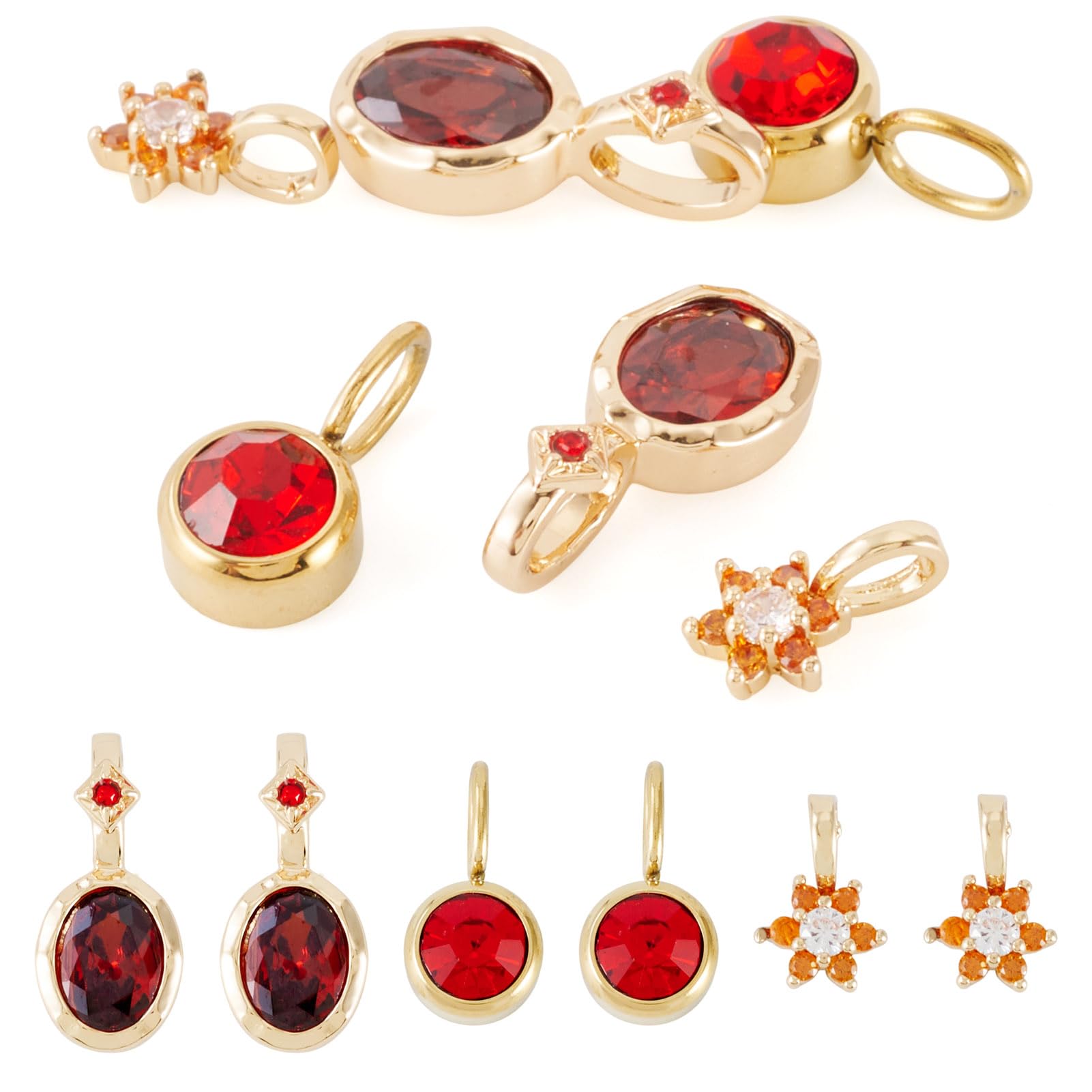 Spritewelry 6Pcs Red Cubic Zirconia Charms Oval Flower Rhinestone Dangle Pendants Gold Plated Charms for Earring Necklace Jewelry Making