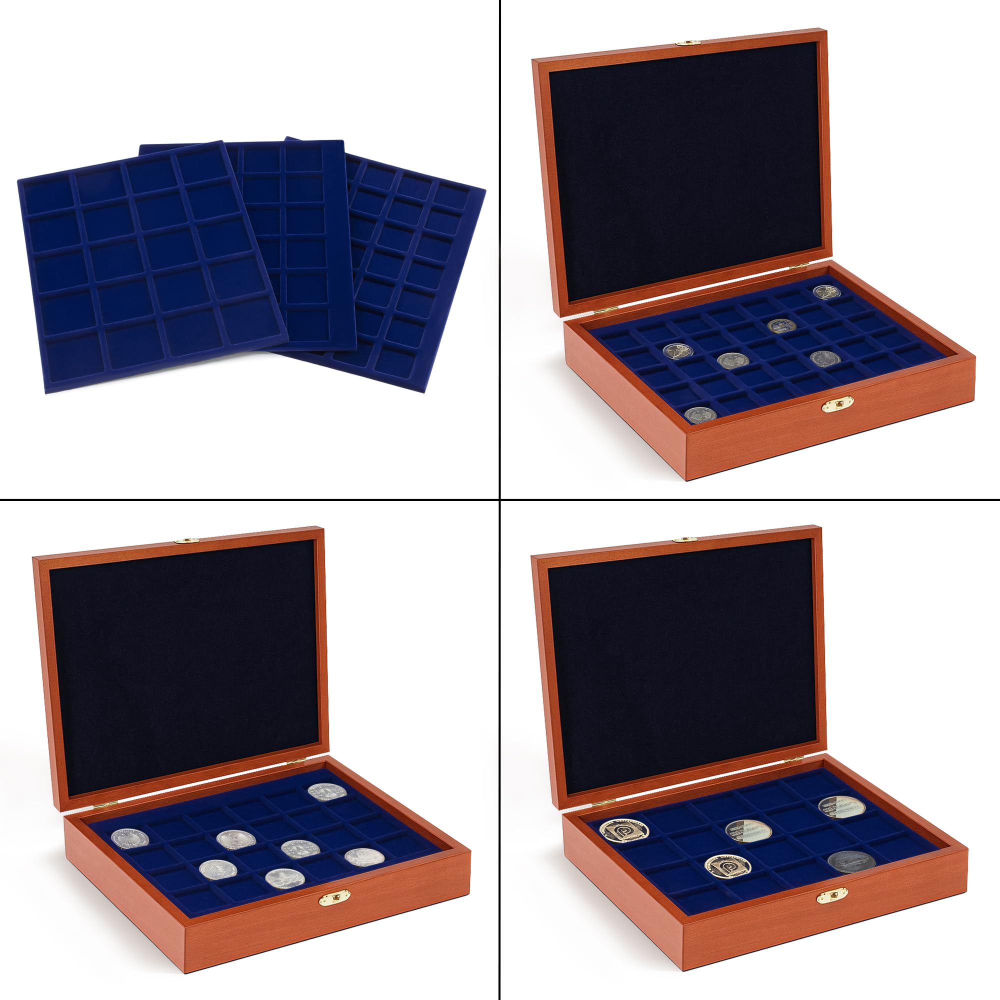 Safe 5883 Coffret à Monnaie en Bois pour 79 pièces de 27-41 mm | Coussinet de Couvercle matelassé et 3 Plateaux Bleu Velours | Compartiments carrés | 255 x 210 x 40 mm