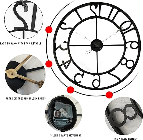 Miniatura 7 de Evursua Relojes de pared de metal modernos y grandes, relojes decorativos para el hogar, sala de estar, cocina, números arábigos que funcionan con