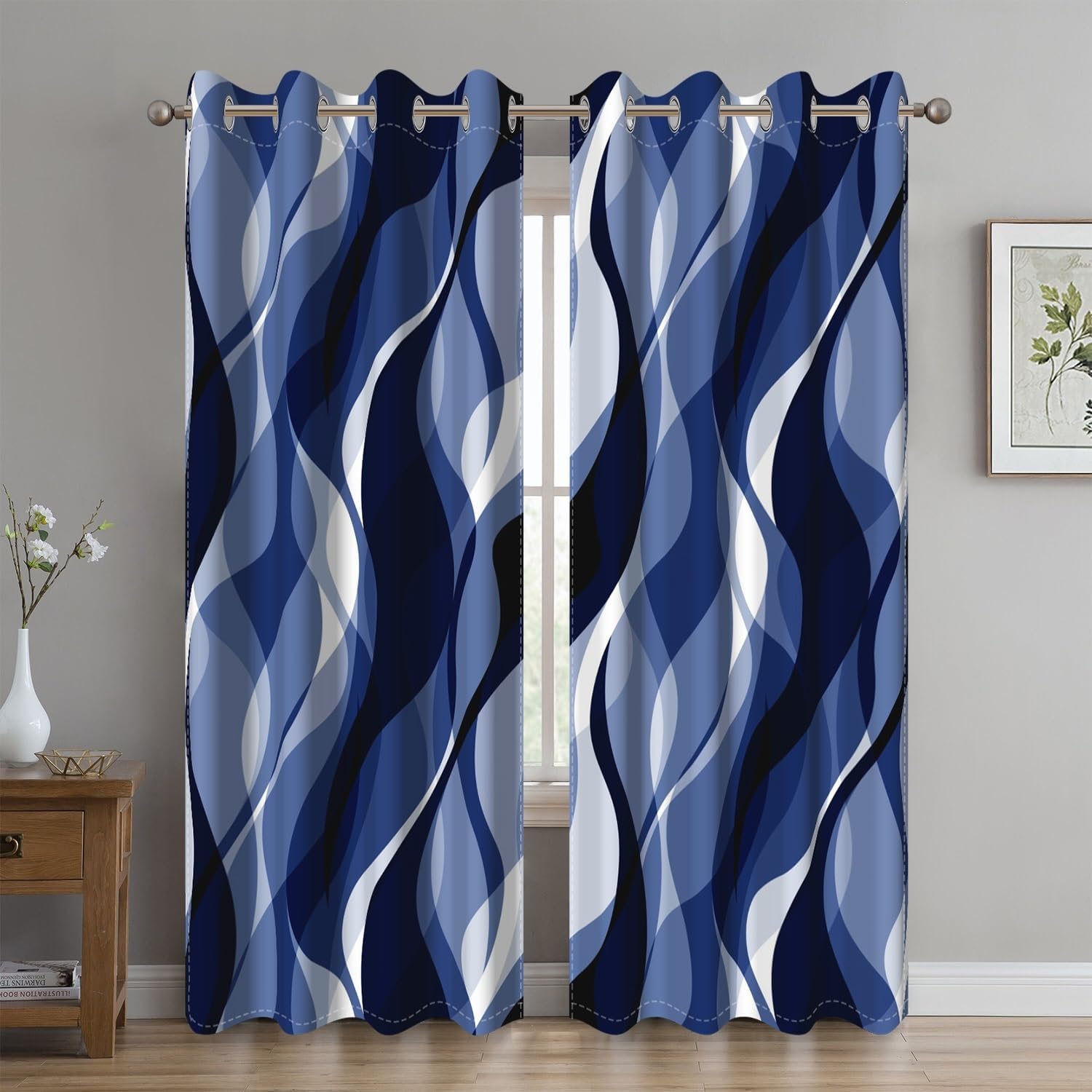 Navy Blue Blackout Curtains, Abstract Ombre Black and Blue Striped Window Curtains for Living Room Modern Room Darkening Grommet Curtains, 53x63 Inch, 2 Panels