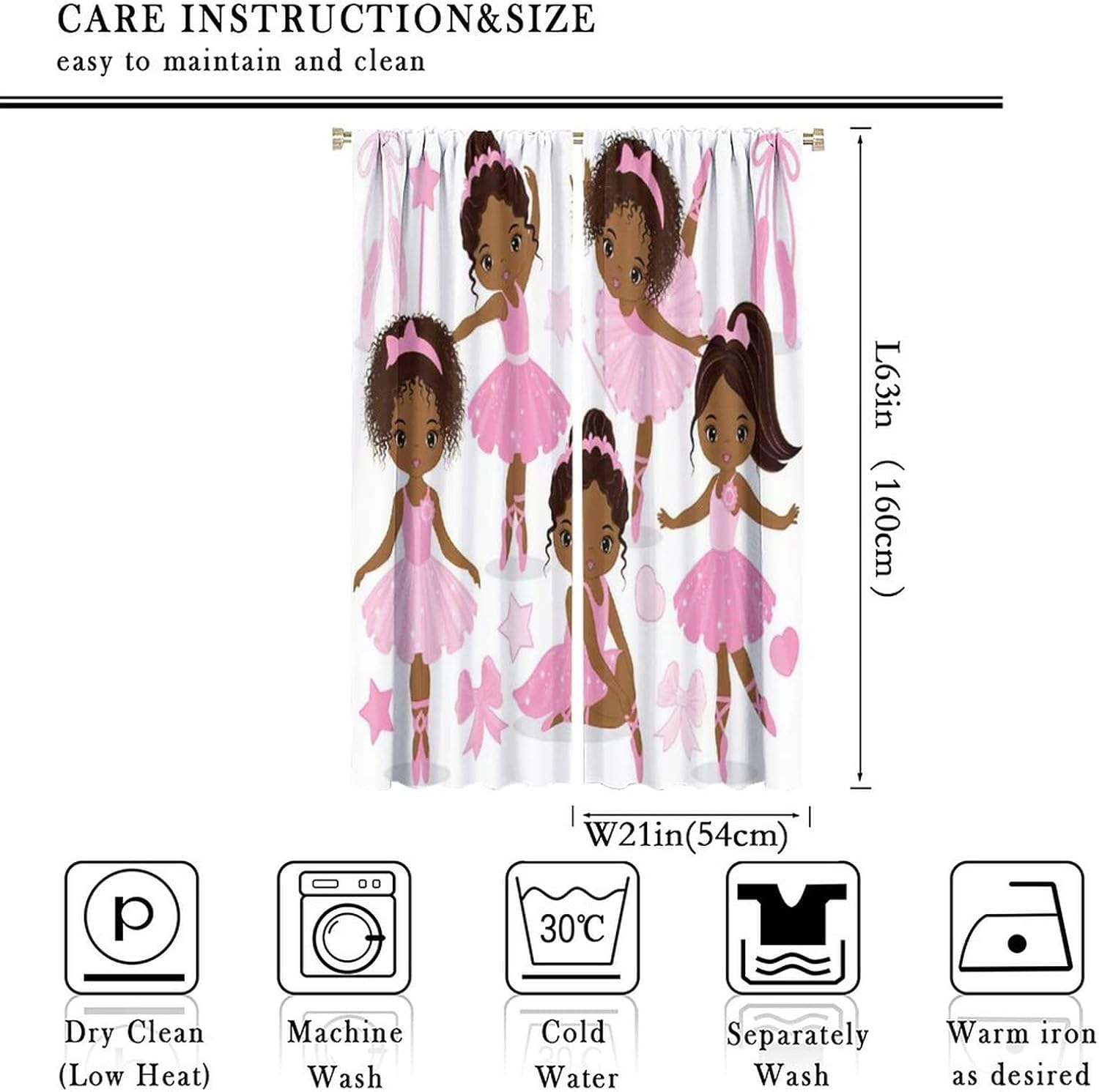 Pink African American Ballerina Window Curtain, Cute Little African American Ballerinas Ballet Princess Dancer Room Darkening Door Window Rod Pocket Curtain for Girls Kids Bedroom Living Room 42x63in