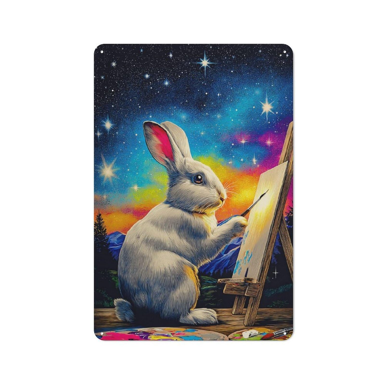 Junmoney Rabbit Painting Starry Sky Retro Metal Plaque 30X20cm For Guest Room Or Hallway, Housewarming Present For People Styling Guest Room And Hallway