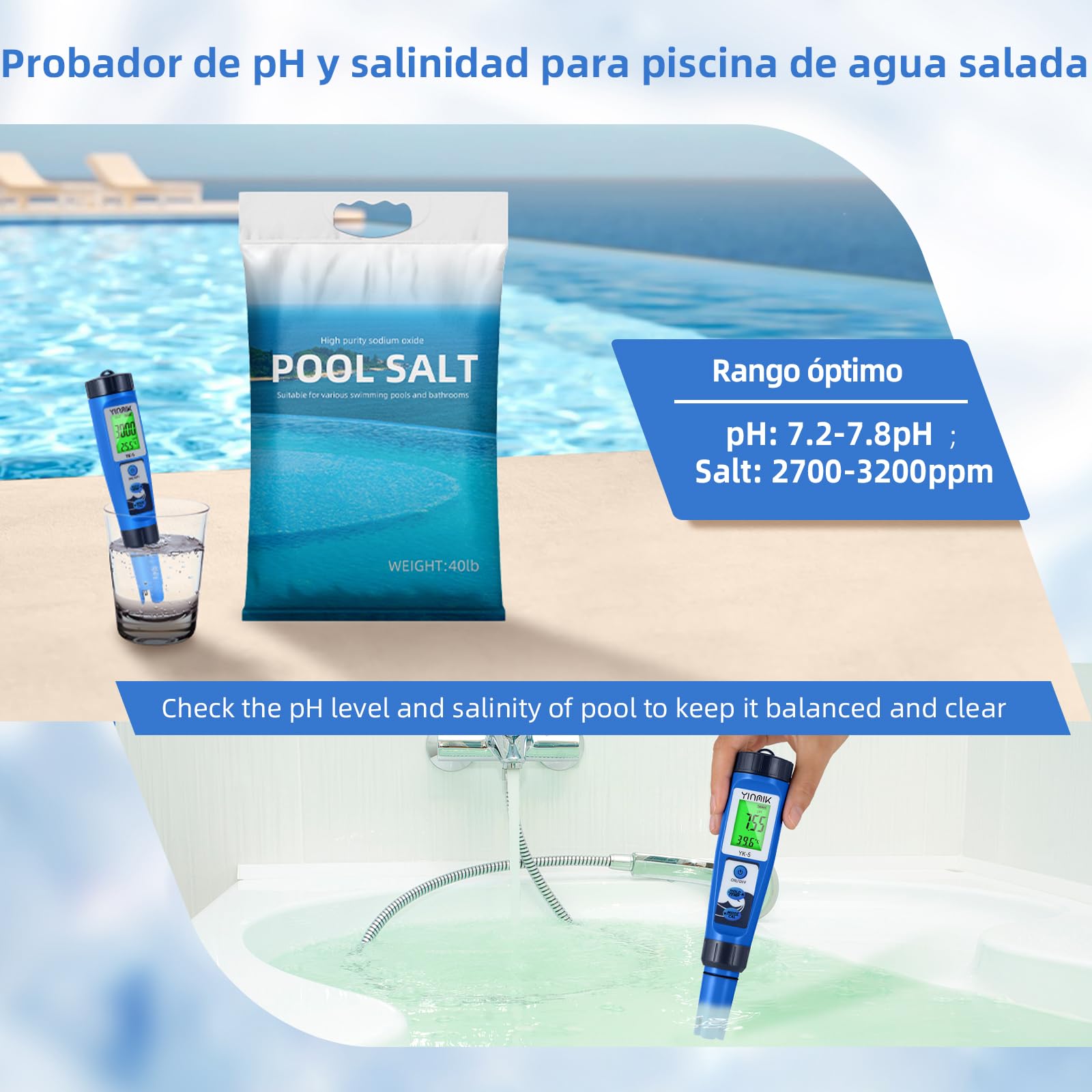 YINMIK Medidor de pH y Salinidad Para Piscinas, Medidor Digital de Salinidad, Medidor de pH y TDS Multifunción 5 en 1 Para Piscinas, Spas, Análisis de Calidad del Agua, Agua Potable e Hidroponía