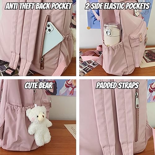 Miniatura 5 de Linda mochila estética Kawaii para laptop con accesorios Pin colgante de felpa para adolescentes y estudiantes, Rosado, Kawaii