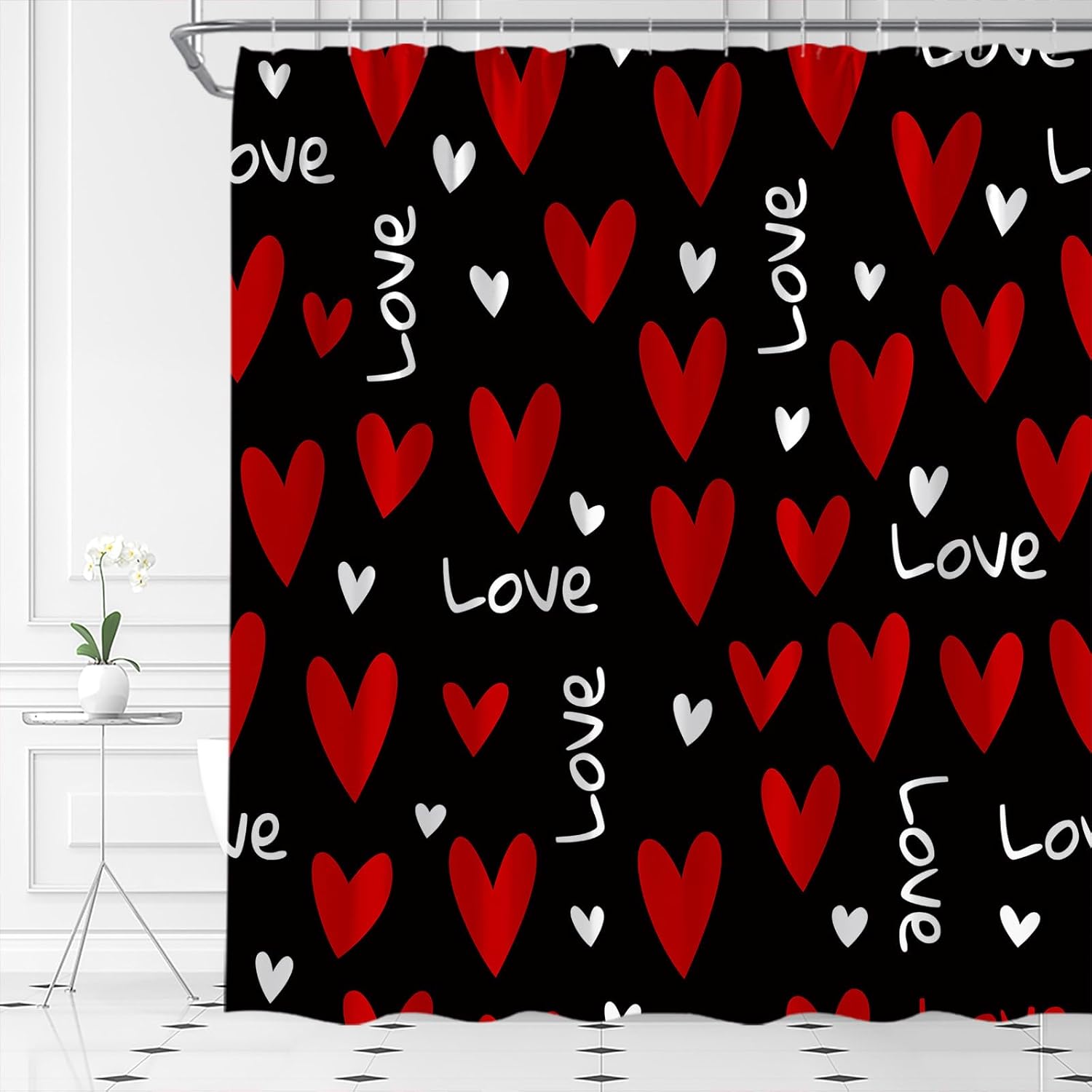Red Heart Shower Curtain Valentine's Day Love Romantic Valentines Sweet Couple Bathroom Curtain Fabric with Hooks(90" Wx70 H)