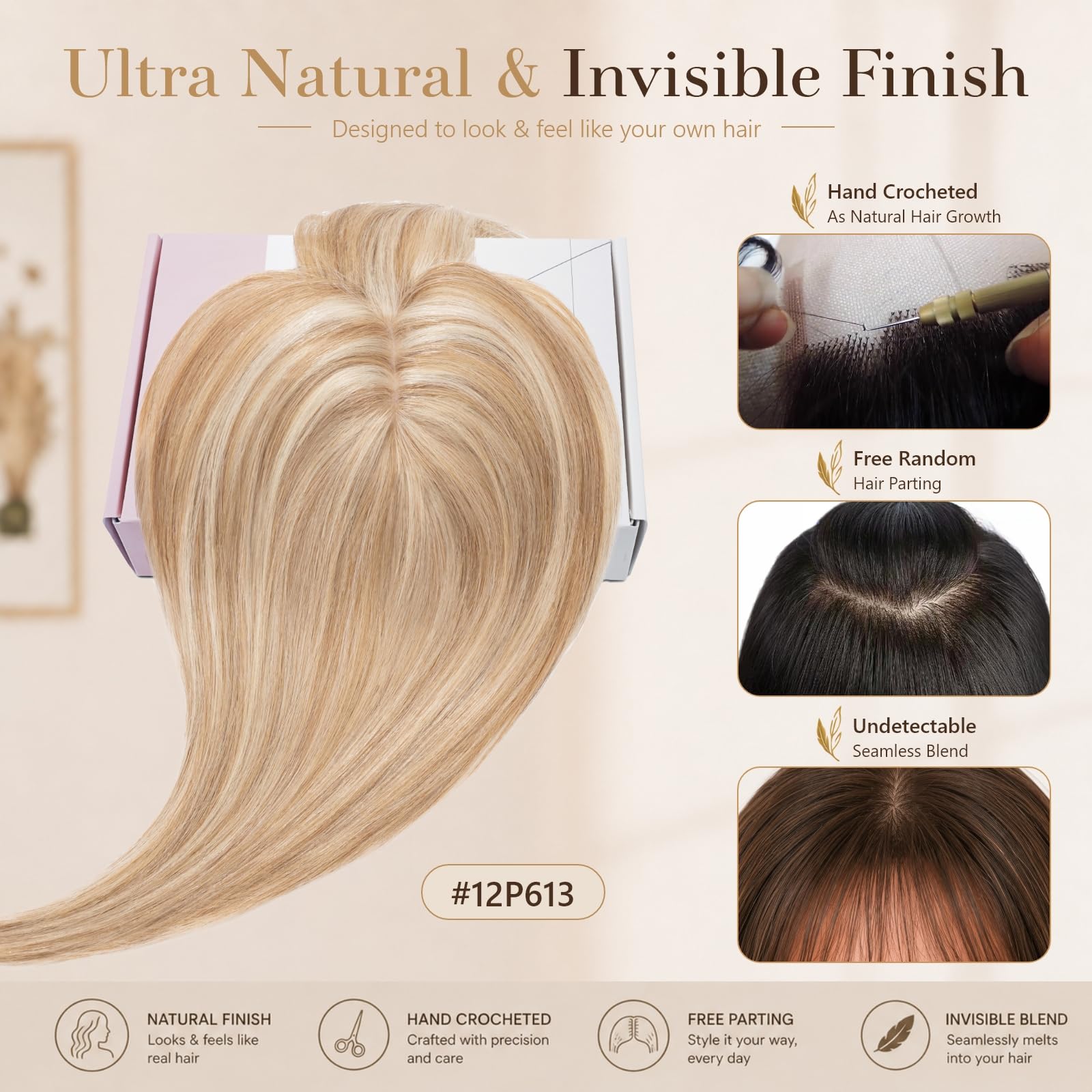 Rich Choices Clip in Pony Haarteile Echthaar für Damen 360°3D‑Abdeckung Haartopper Remy Human Hair Topper Echthaar Oberkopf Haarteile mit Pony 40cm #12/613 Sandblond mit Platinblond