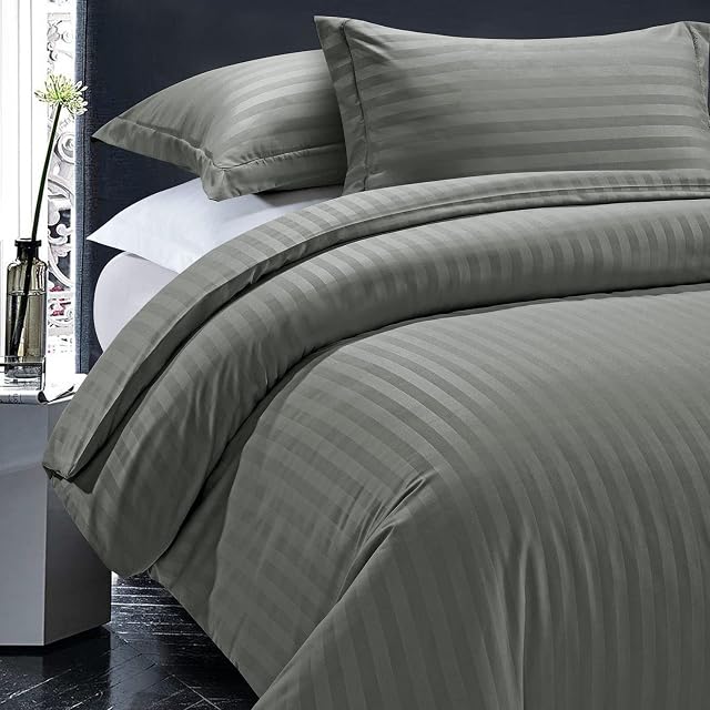 MOONLIGHT20015 Double Bedding Duvet Set - Stripes Soft Dark Grey Bedding Duvet Covers Double with 2 Pillowcases (Dark Grey / Charcoal, Double)