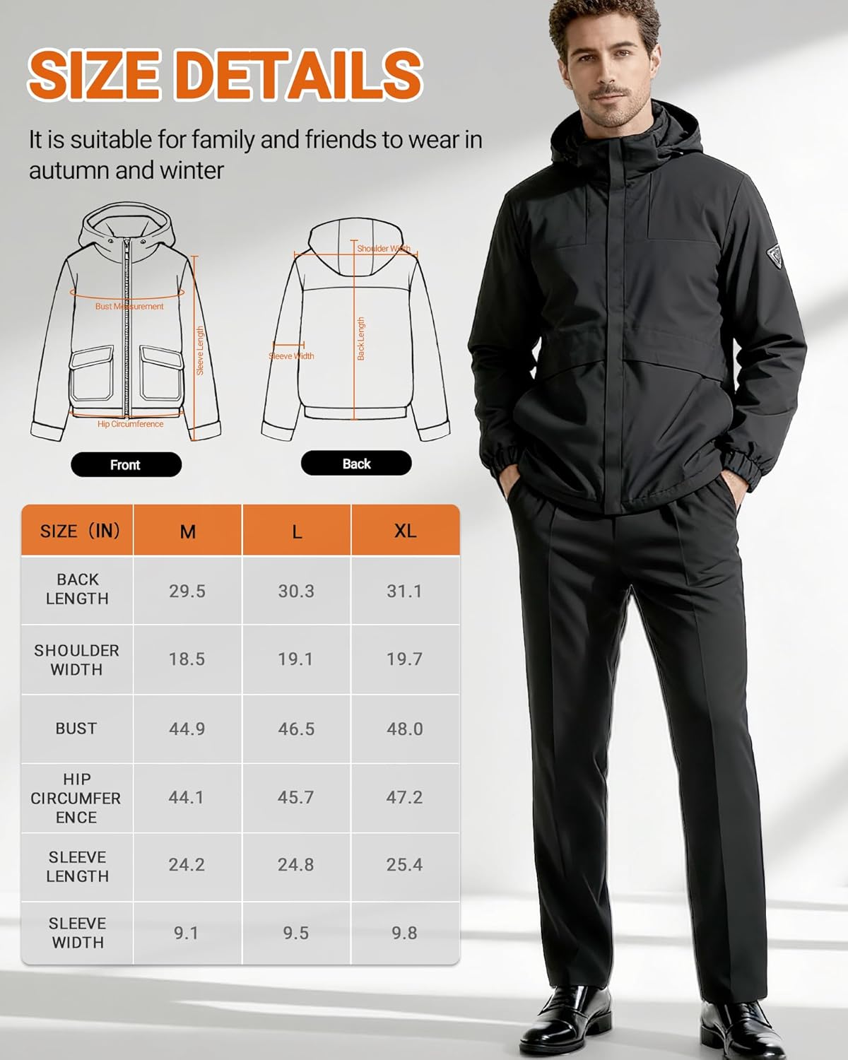 Heated Jackets for Men, Electric Heating Coat, with Battery and Detachable Hood, Warm Snow Coat, 5 Heating Zones - Image 6