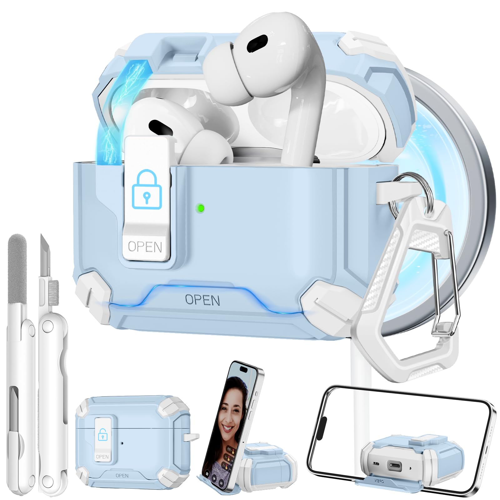 for AirPods Pro 2 Secure Lock Case with Phone Stand, Compatible with MagSafe, Case Cover for Apple AirPods Pro 2nd/1st Generation with Cleaner and