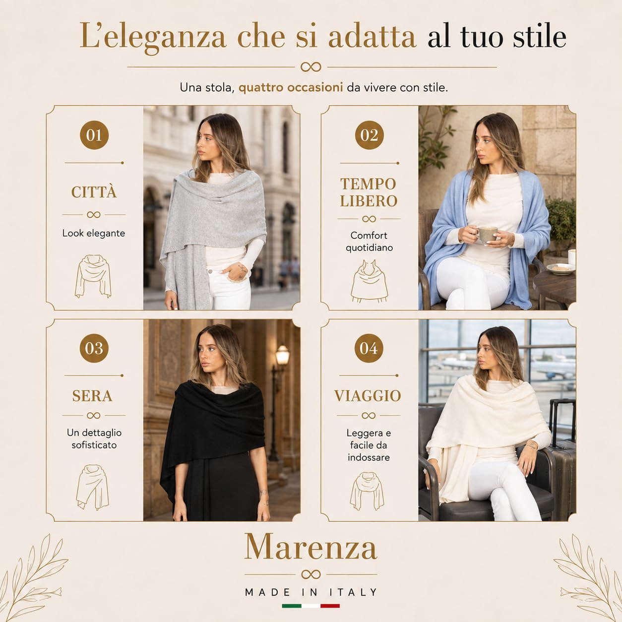 Marenza Stola Donna Misto Cashmere Made in Italy 200 x 75 cm – Sciarpa Elegante con Cashmere, Lana e Seta – Morbida, Calda e Leggera – Maxi Pashmina per Cerimonia, Inverno