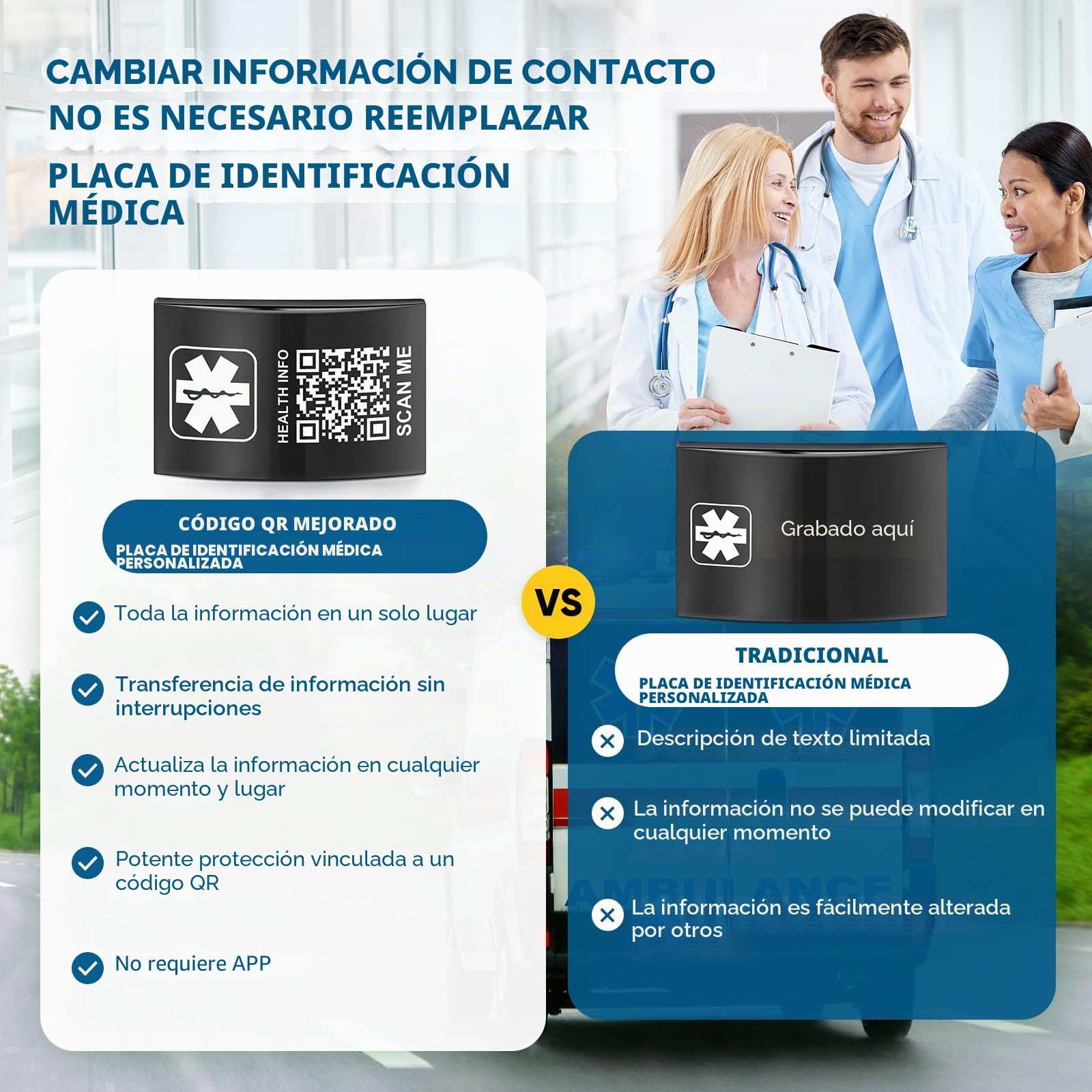Pulseras médicas mejoradas para hombres y mujeres con código QR, pulseras de identificación de alerta médica, pulsera de acero de titanio, se adapta a muñecas de hasta 8 a 10 pulgadas, más