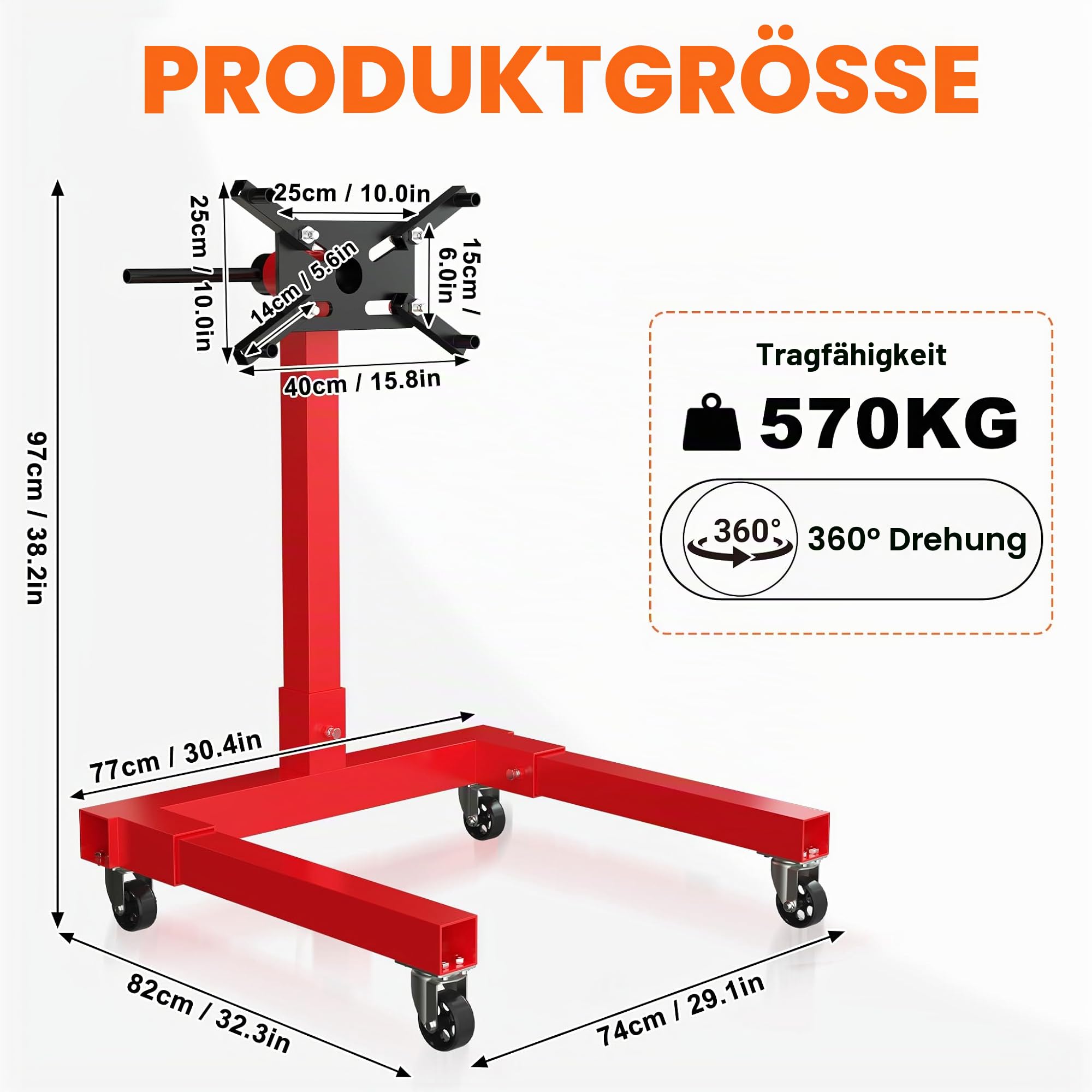 UISEBRT Motorständer kfz bis zu 570 kg,Motorheber mit 360° drehbarem Kopf und 4 verstellbaren Armen,Motorhalter aus Stahl,Getriebehalter mit 4 Rollen & rutschfestem Griff für Garagen & Werkstätten