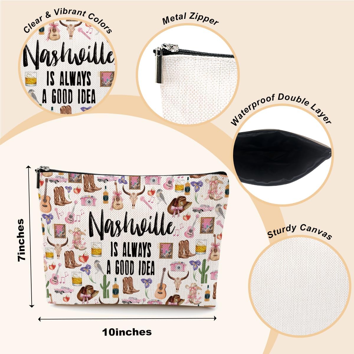 Nashville Travel Gift Cosmetic Bag Nashville Lovers Gift Nashville Souvenir Makeup Bag Girls Trip Gifts Favors Nashville City Themed Gifts for Women Sister Birthday Christmas Bachelorette Party Favors - Image 2