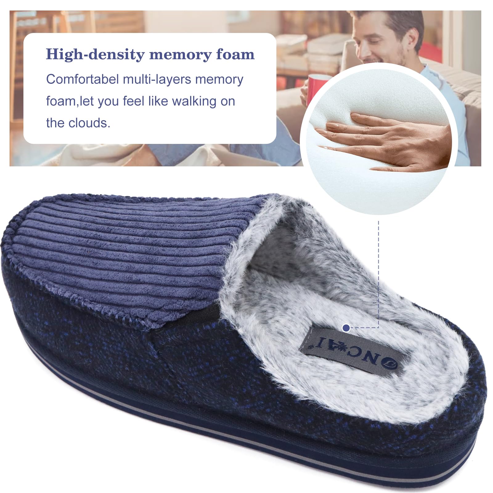 ONCAI Pantofole da Uomo in Comfort Pelo Cotone Strisce Ciabatte da Casa in Lana con Memory Foam Supporto Arco Suola in Gomma Taglia 40-50