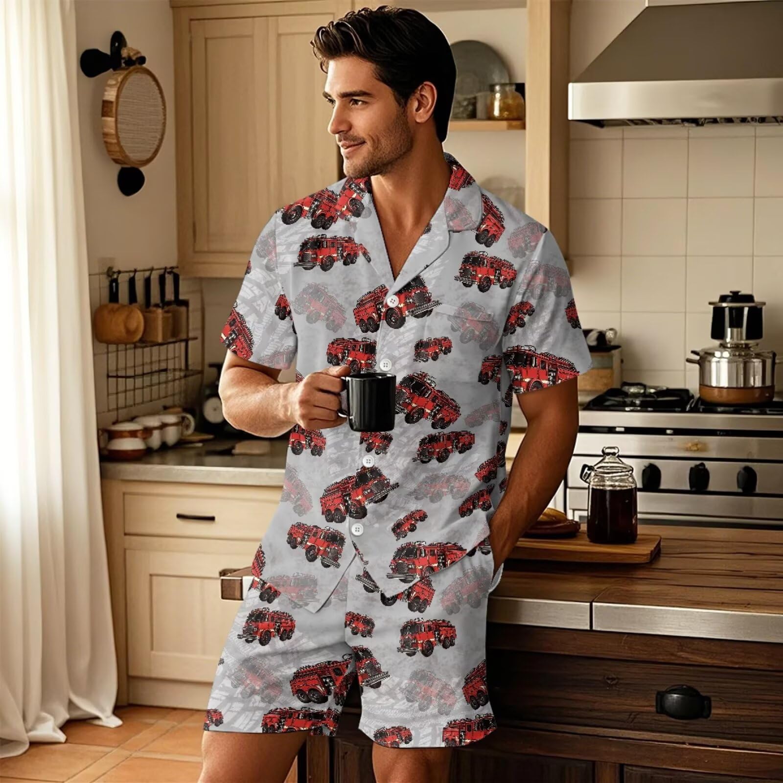 Herren-Schlafanzug-Set, kurzärmelig, Knopfleiste, Nachtwäsche, Loungewear, Nachtwäsche, 2-teilig