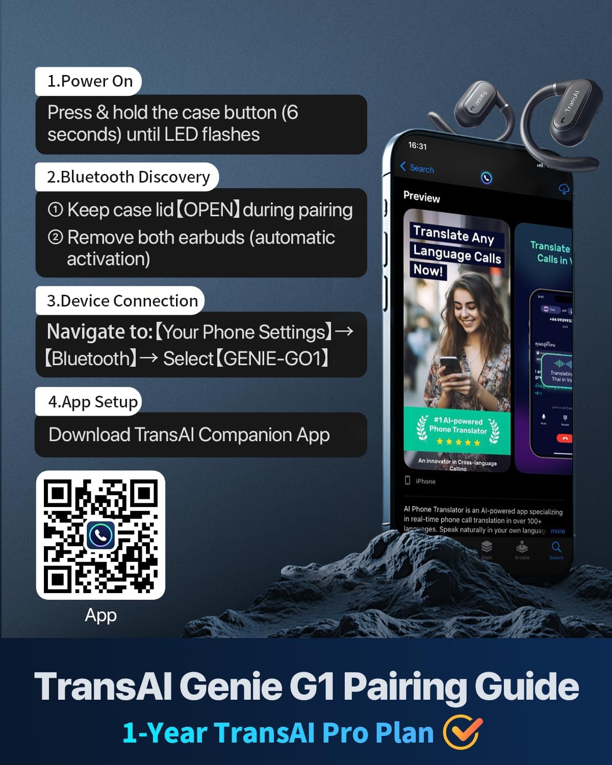 TRANSAI GO1 Pairing Guide with QR code for app download
