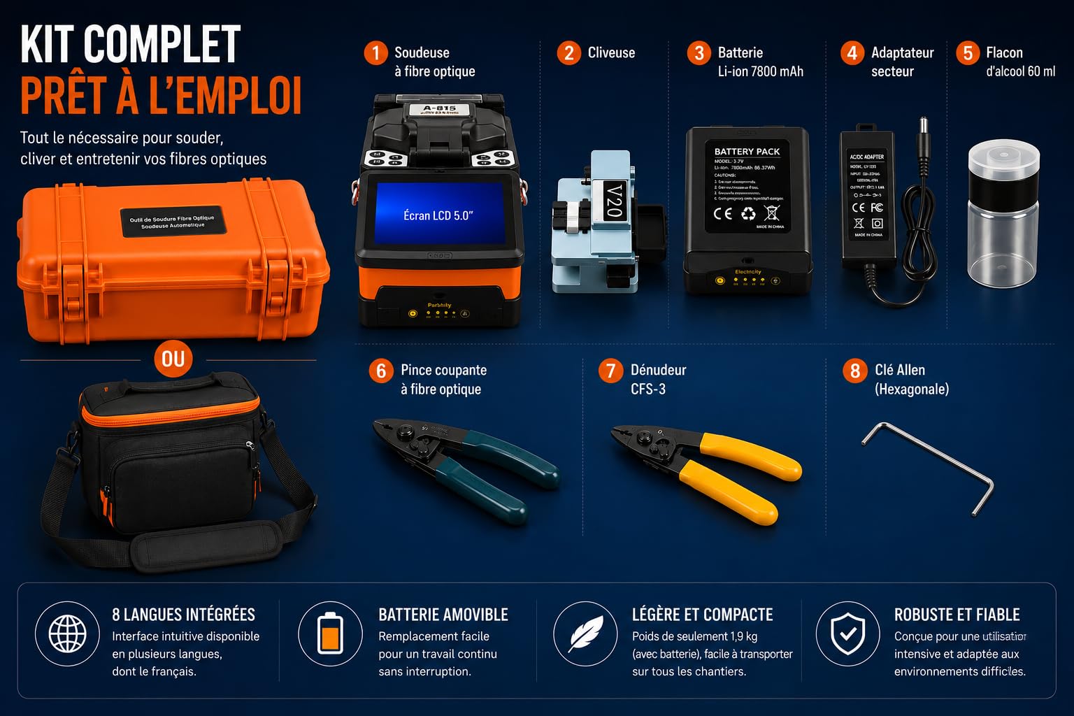 Soudeuse Fibre Optique FTTH 4 Moteurs – Alignement Cœur à Cœur – Écran Tactile 5 Pouces – Épissure 6s / Chauffage 15s – Compatible G652 G657 – Kit Complet