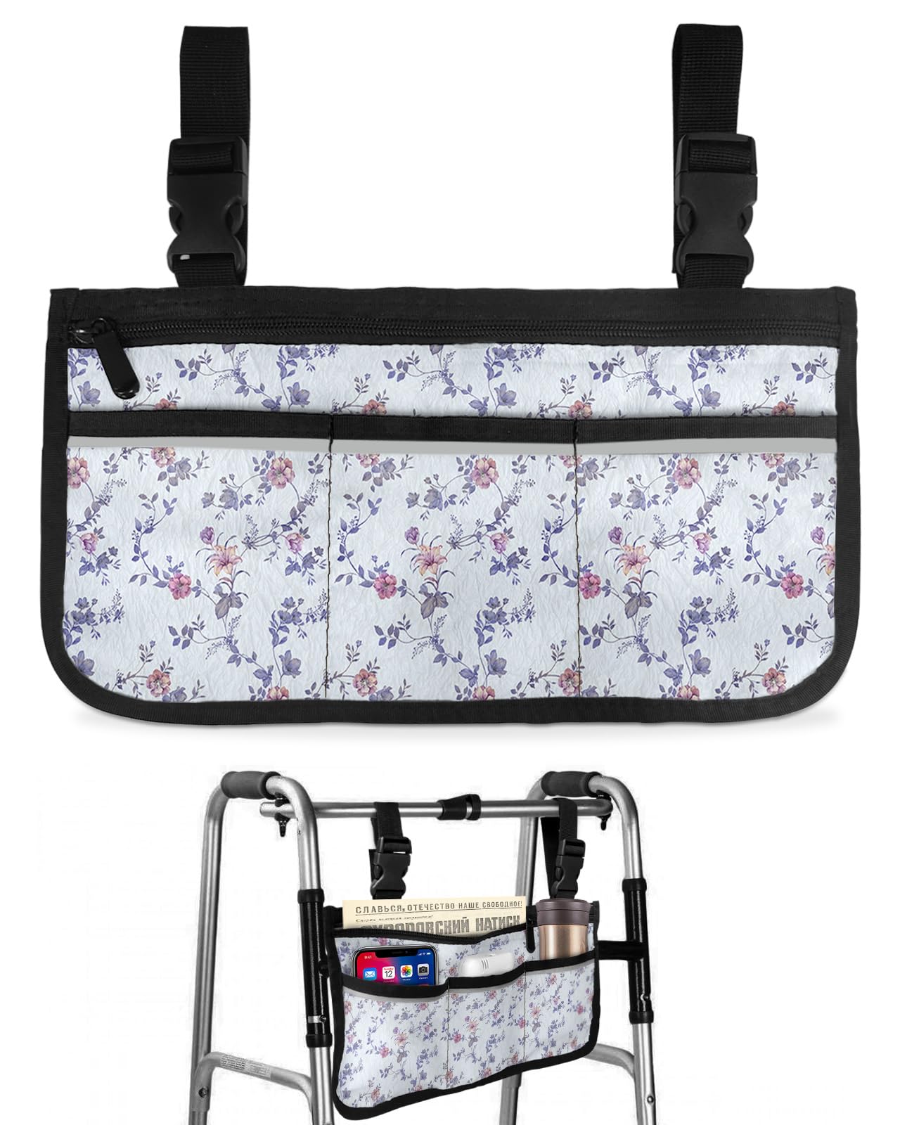 Purple Cherry Blossoms Florals Wheelchair Side Bag Walker Bag, Spring Flowers Vintage Blue Wheelchair Accessories Armrest Pouch, Organizer Storage Bag for Walkers, Rollators, 7.3''x13''